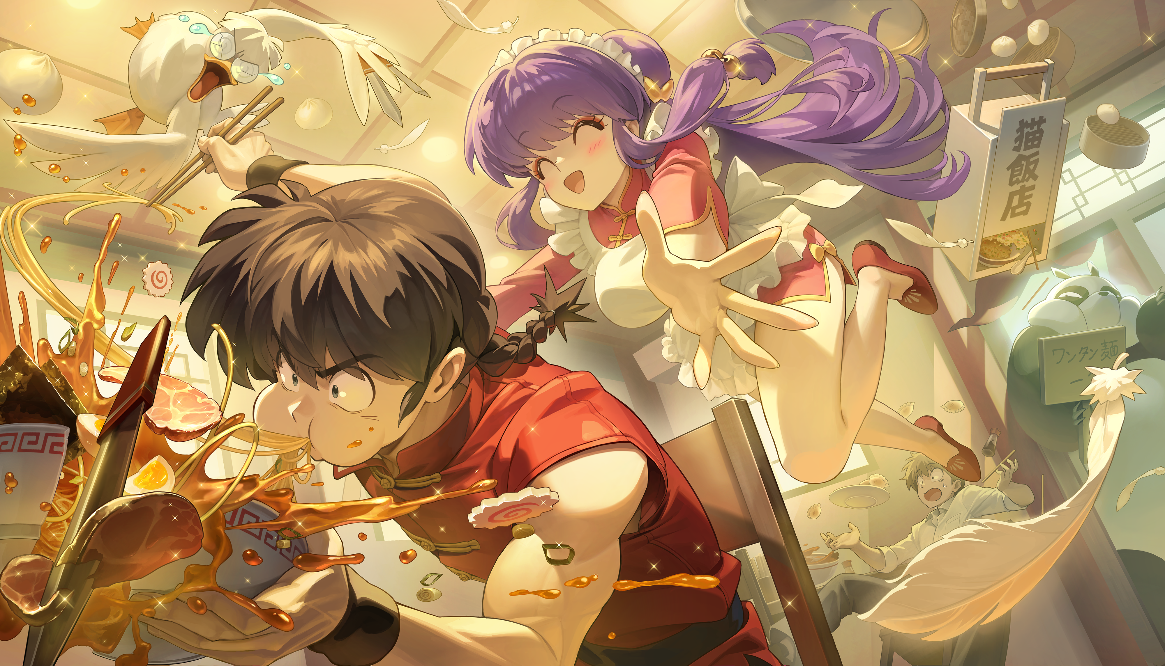 mousse (duck) (ranma 1/2), saotome genma (panda), saotome ranma, shampoo (ranma 1/2), ranma 1/2, absurdres, commentary request, highres, 1girl, 2boys, abdooly111, apron, bell, bird, black hair, braid, braided ponytail, breasts, chair, cheek bulge, china dress, chinese clothes, chopsticks, closed eyes, dress, duck, eating, egg (food), feathers, floating hair, food, glomp, hair bell, hair ornament, holding, holding chopsticks, hug, imminent hug, indoors, jumping, kamaboko, large breasts, long hair, maid apron, maid headdress, meat, multiple boys, narutomaki, noodles, on chair, open mouth, panda, pink dress, purple hair, red shirt, red shoes, restaurant, shirt, shoes, short sleeves, sidelocks, single braid, sitting, spilling, steamed bun, white apron
