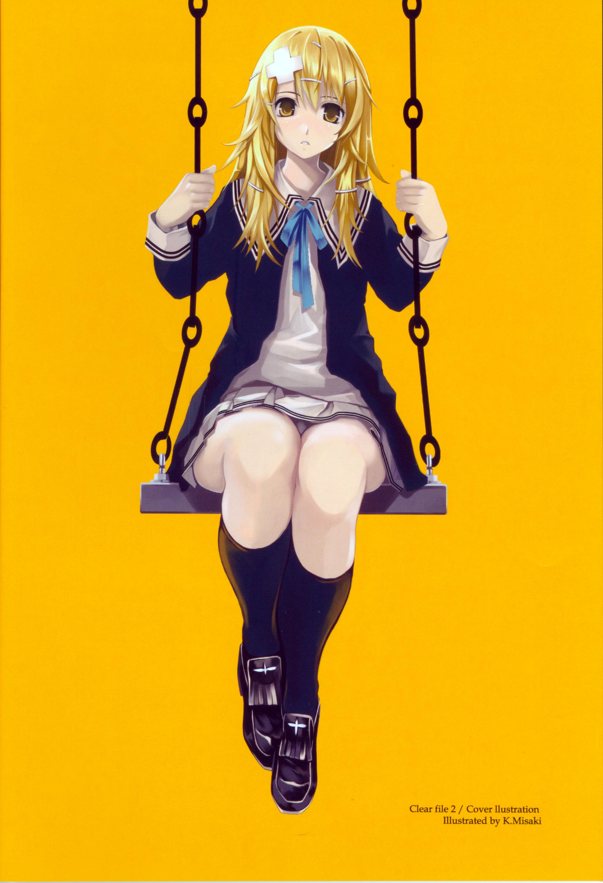 cradle (circle), misaki kurehito, sumeragi kururu, air gear, kodansha, absurdres, highres, scan, 00s, 1girl, artist name, black socks, blonde hair, cross hair ornament, female focus, hair ornament, hairclip, long hair, looking at viewer, neck ribbon, on swing, orange background, orange eyes, panties, pantyshot, ribbon, school uniform, simple background, sitting, skirt, socks, solo, swing, underwear, upskirt, yellow eyes
