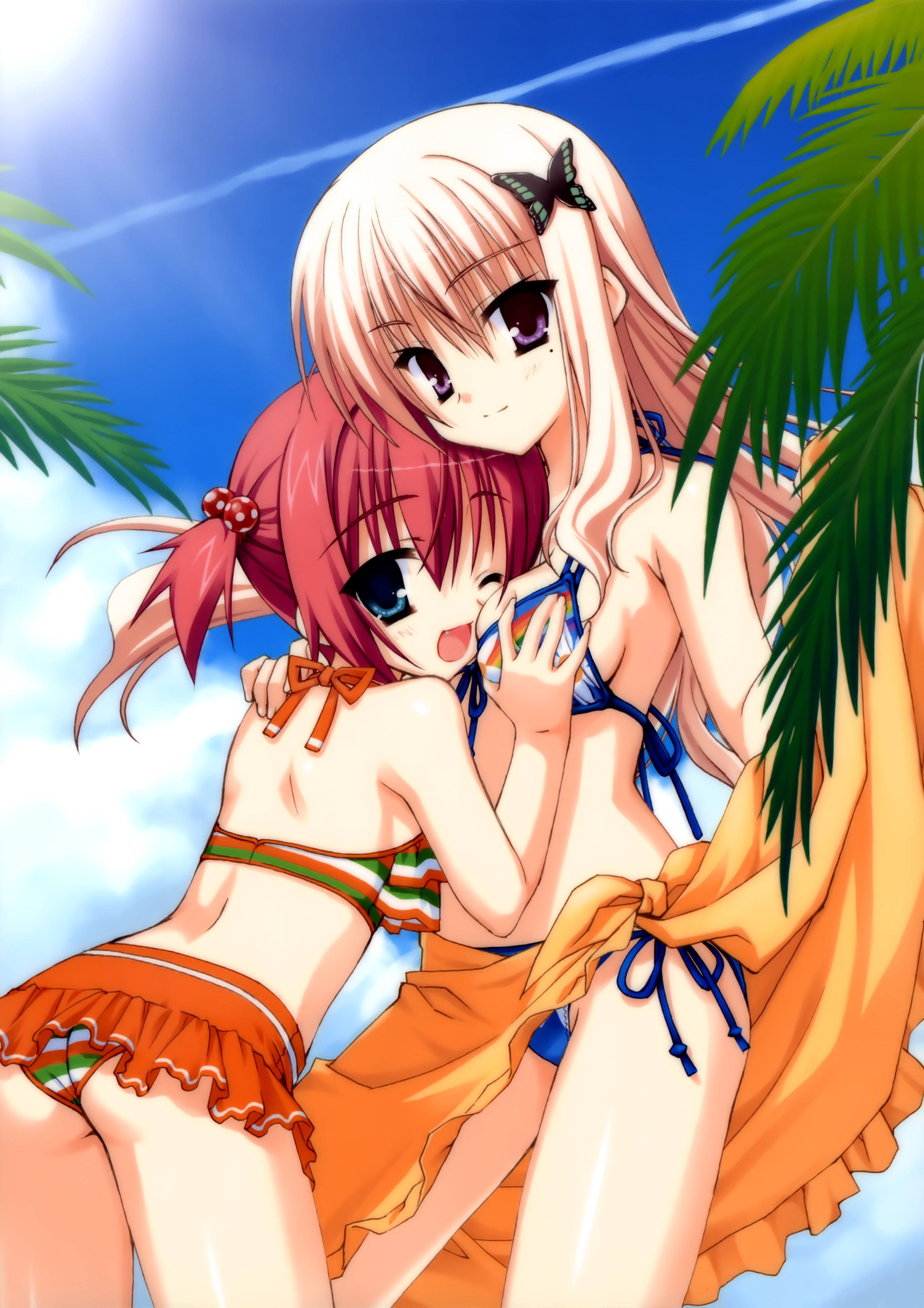 kobuichi, muririn, ebihara minase, hibarigaoka yuki, bra-ban!, absurdres, highres, 2girls, ;d, back, bikini, blonde hair, blue eyes, breasts, bug, butterfly, butterfly hair ornament, clothes lift, day, fang, front-tie top, grabbing another's breast, groping, hair bobbles, hair ornament, insect, looking at viewer, medium breasts, mole, mole under eye, multiple girls, one eye closed, open mouth, purple eyes, red hair, sarong, sarong lift, side-tie bikini bottom, smile, striped bikini, striped clothes, sunlight, swimsuit, twintails, wink