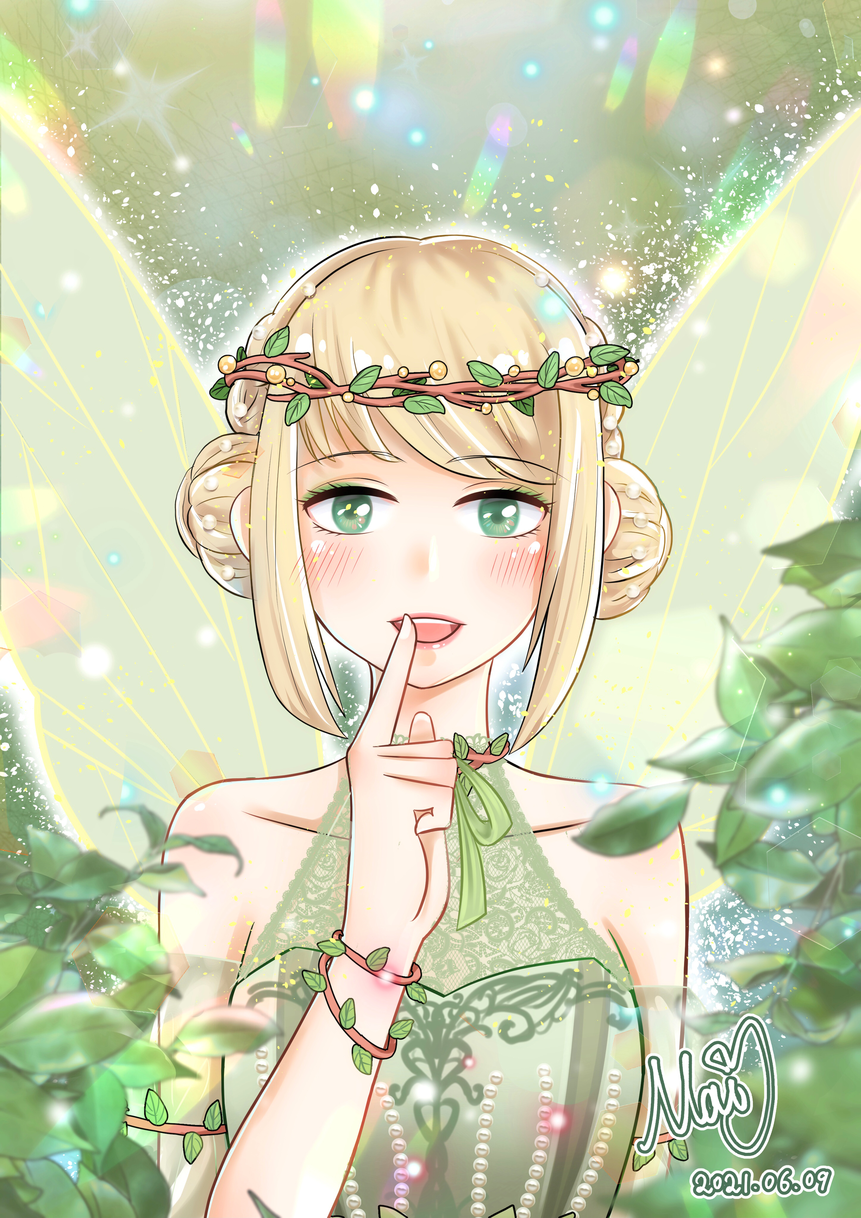 nikki (series), shining nikki, absurdres, commentary request, highres, 1girl, bare shoulders, beads, blonde hair, bracelet, collarbone, dated, day, detached sleeves, dot nose, double bun, dress, eyelashes, eyeshadow, fairy, fairy wings, finger to mouth, forest, green dress, green eyes, green eyeshadow, green ribbon, green sleeves, green theme, green wings, hair beads, hair bun, hair ornament, halter dress, halterneck, happy, head wreath, jewelry, lace dress, leaf, leaf bracelet, light blush, light particles, lipstick, looking at viewer, makeup, nature, neck ribbon, open mouth, outdoors, outline, puffy short sleeves, puffy sleeves, red lips, ribbon, see-through clothes, see-through sleeves, short hair, short sleeves, sidelocks, signature, smile, solo, straight-on, stylist (nikki), swept bangs, teeth, upper body, upper teeth only, white outline, wings, yang mai