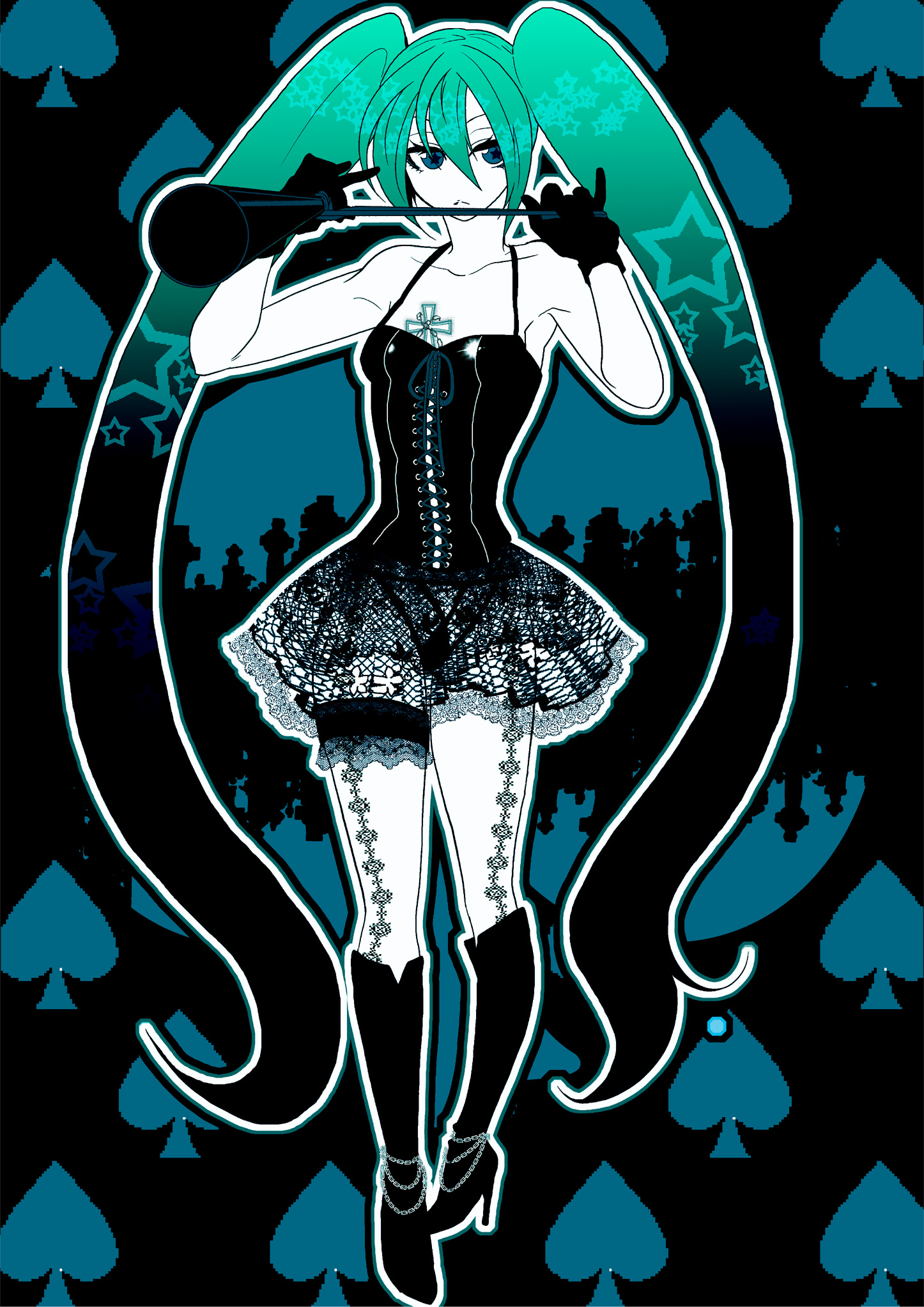 kondoru, hatsune miku, vocaloid, bad id, bad pixiv id, highres, + +, 1girl, boots, chain, corset, cross, female focus, full body, garter straps, gloves, goth fashion, knee boots, lace, lingerie, long hair, megaphone, monochrome, multicolored hair, panties, see-through clothes, skirt, solo, spade (shape), spot color, star (symbol), thong, twintails, underwear, very long hair