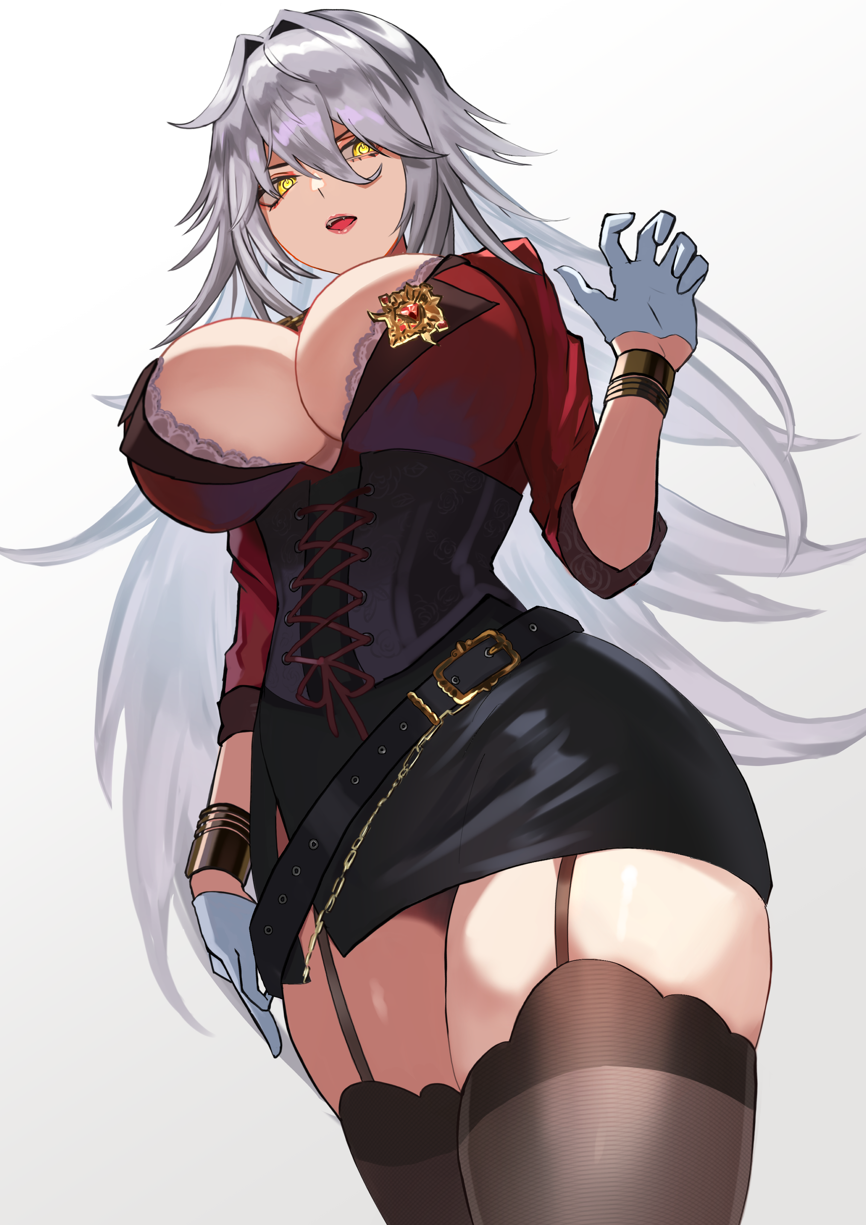 miei, zentreya, zentreya (cyborg), zentreya (cyborg) (regal), indie virtual youtuber, absurdres, highres, 1girl, black garter straps, black skirt, black thighhighs, breasts, cleavage, garter straps, gloves, jacket, large breasts, looking at viewer, open mouth, power symbol-shaped pupils, red jacket, skirt, smile, solo, symbol-shaped pupils, thighhighs, virtual youtuber, white gloves, white hair, yellow eyes