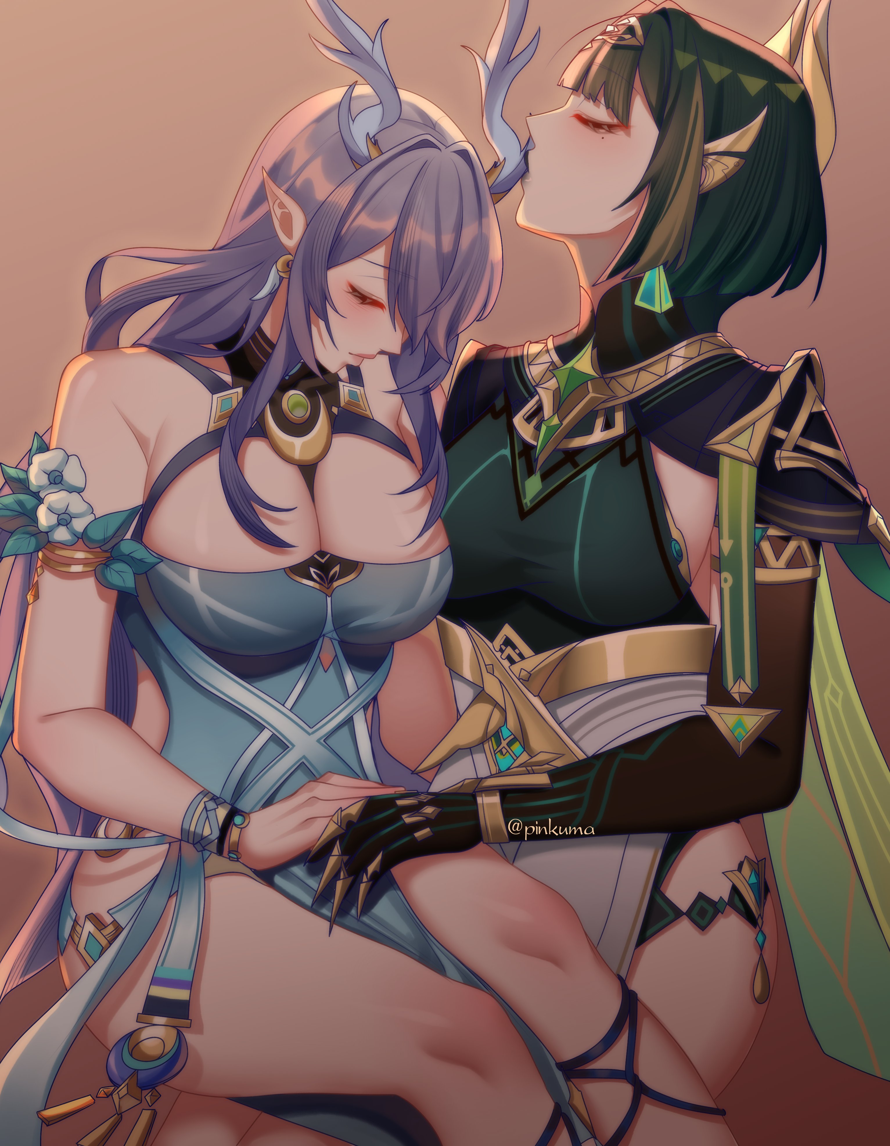 pinkuma, lauma (genshin impact), nefer (genshin impact), genshin impact, absurdres, commentary, english commentary, highres, 2girls, aqua dress, artist name, breasts, brown background, cleavage, closed eyes, closed mouth, dress, green dress, green hair, grey hair, horns, kiss, kissing horn, large breasts, long hair, mole, mole under eye, multiple girls, pointy ears, short hair, sitting, sitting on lap, sitting on person, strapless, strapless dress, yuri