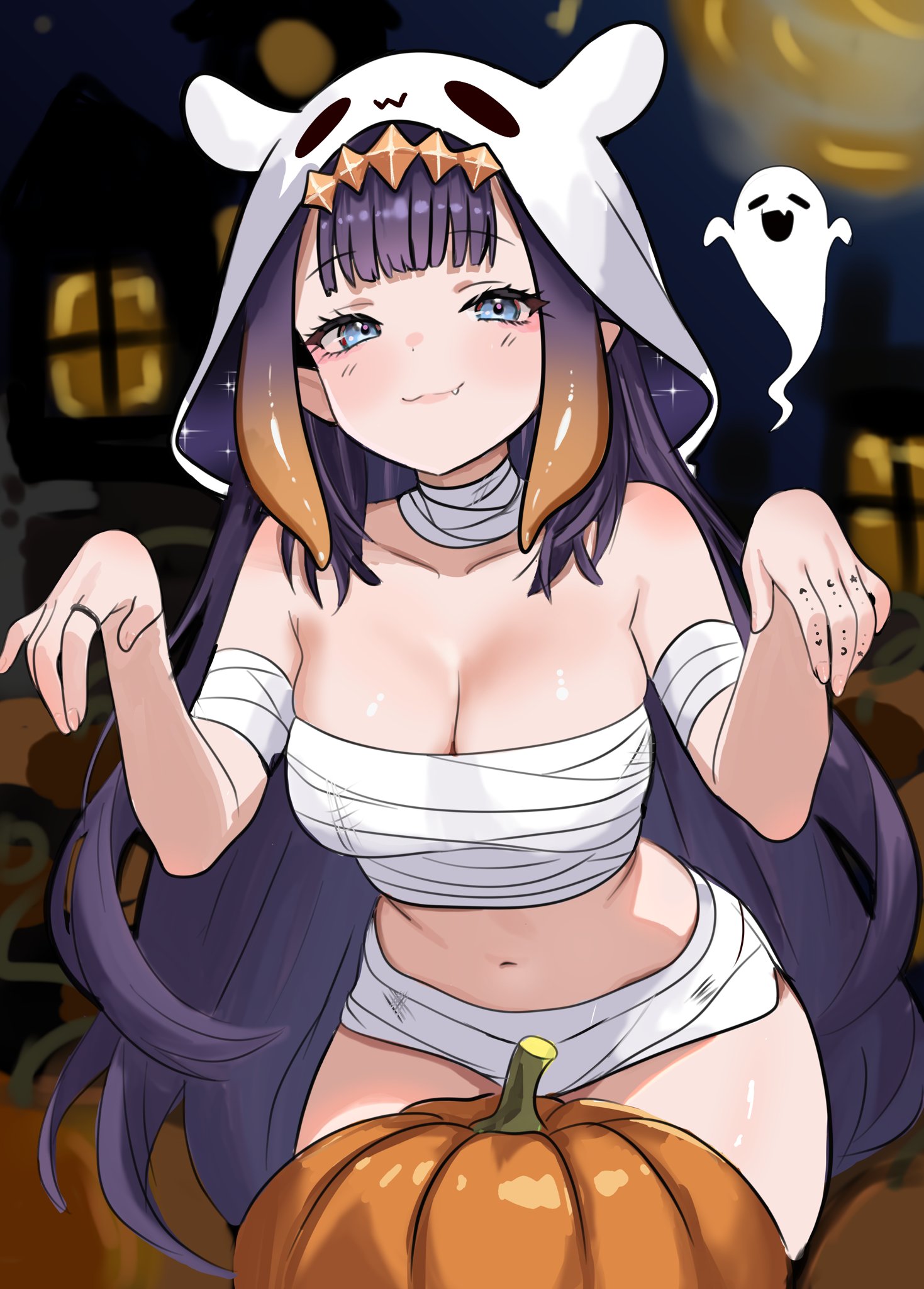 sugar cyube, ninomae ina'nis, hololive, hololive english, commentary, highres, symbol-only commentary, 1girl, alternate breast size (larger), bandaged arm, bandaged chest, bandaged neck, bandages, blue eyes, blunt bangs, breasts, cleavage, diamond hairband, fang, ghost, gradient hair, hood, long hair, looking at viewer, moon, multicolored hair, mummy costume, naked bandage, orange hair, pointy ears, pumpkin, purple hair, smile, solo, tentacle hair, tentacles, virtual youtuber, white hood