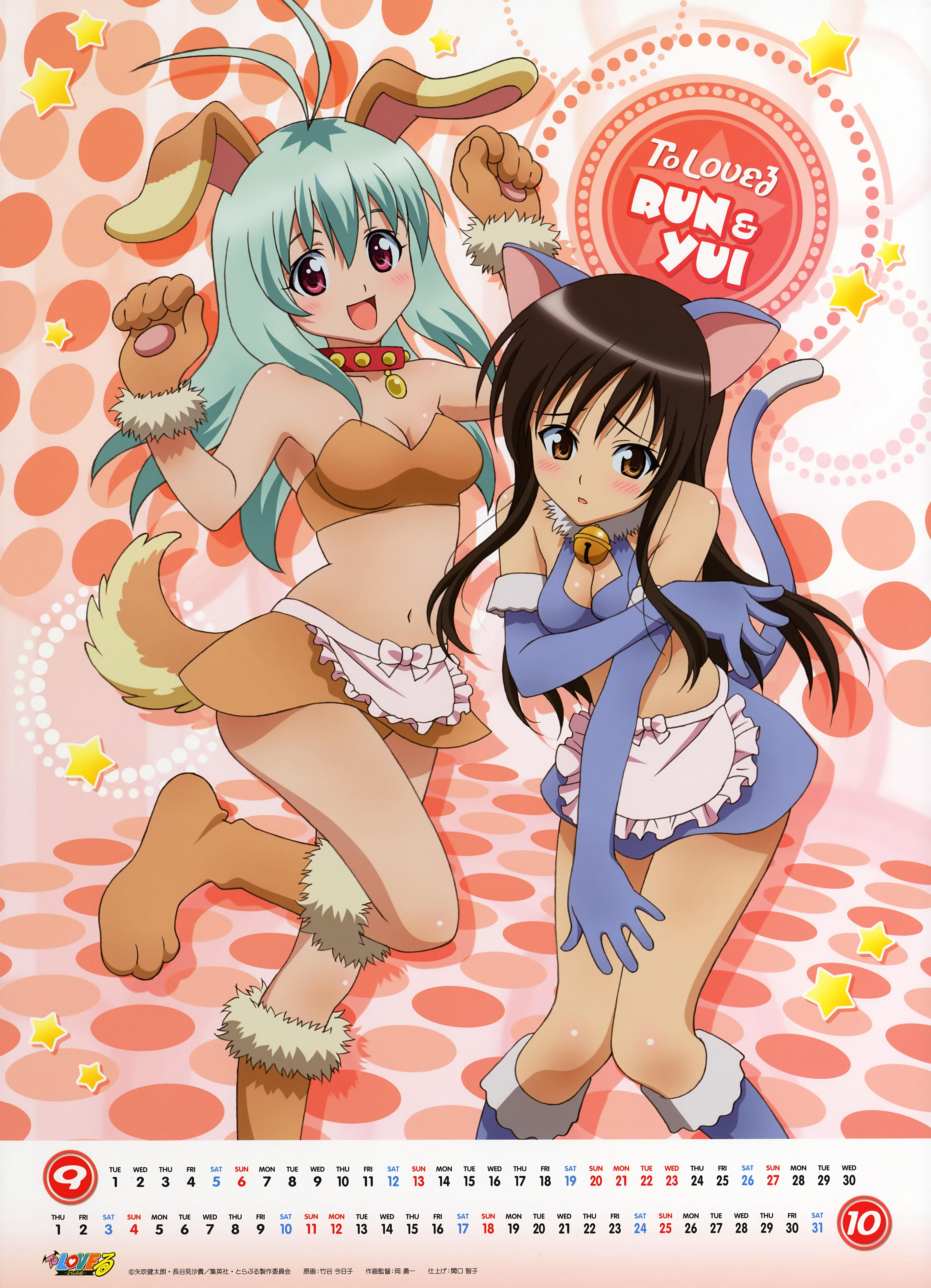 takami akio, taketani kyouko, kotegawa yui, run elsie jewelria, to love-ru, absurdres, highres, 00s, 2girls, animal ears, bell, brown hair, calendar, cat ears, cat tail, collar, dog ears, elbow gloves, gloves, green hair, maid, multiple girls, neck bell, tail