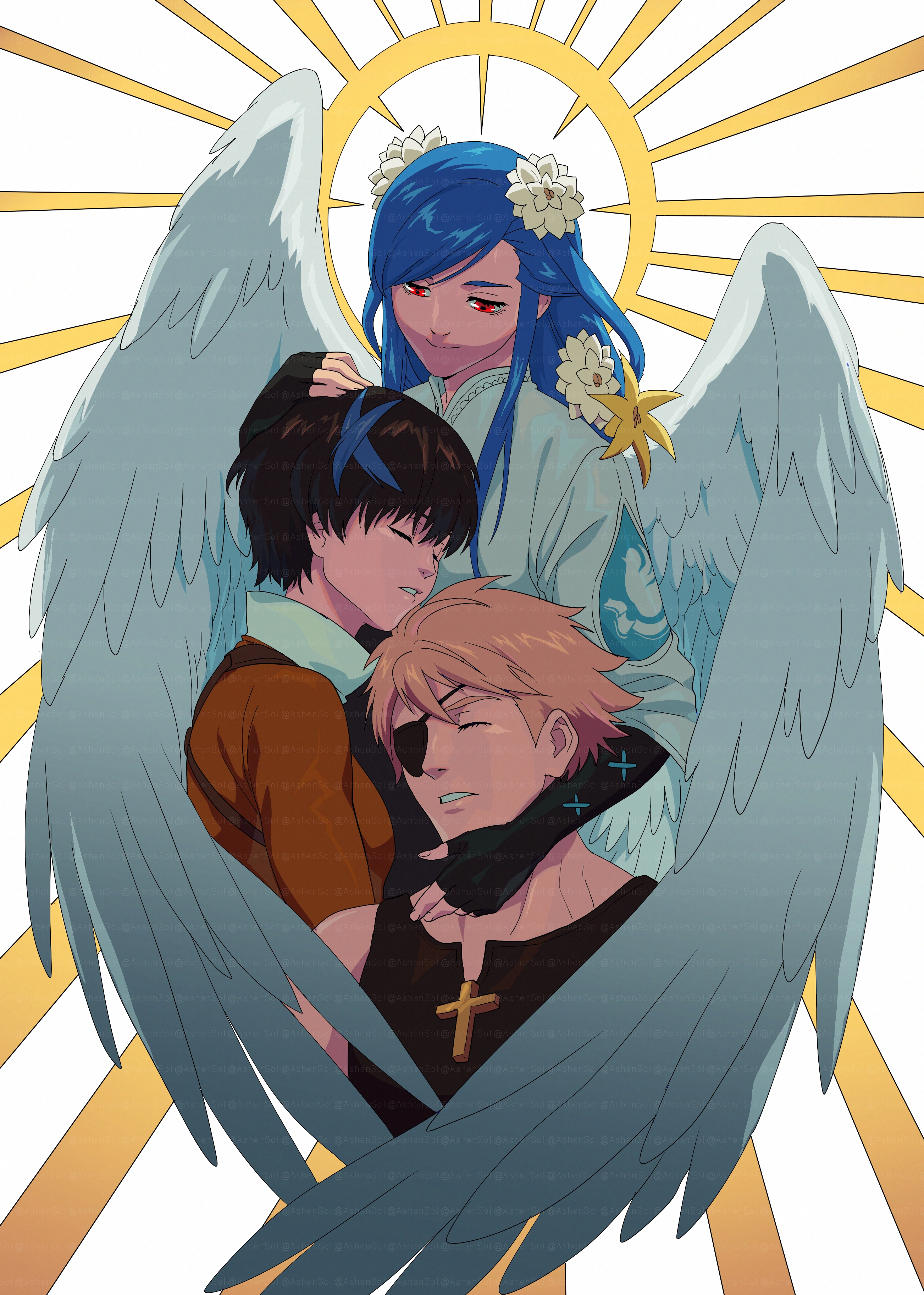 ashensol, dizzy (guilty gear), queen dizzy, sin kiske, unika (guilty gear), guilty gear, guilty gear strive, guilty gear strive: dual rulers, absurdres, highres, 1boy, 2girls, angel wings, black hair, blonde hair, blue hair, blue streaks, eyepatch, fingerless gloves, flower, gloves, hair flower, hair ornament, hand on another's head, hug, mother and daughter, mother and son, multicolored hair, multiple girls, parent and child, red eyes, streaked hair, upper body, wings