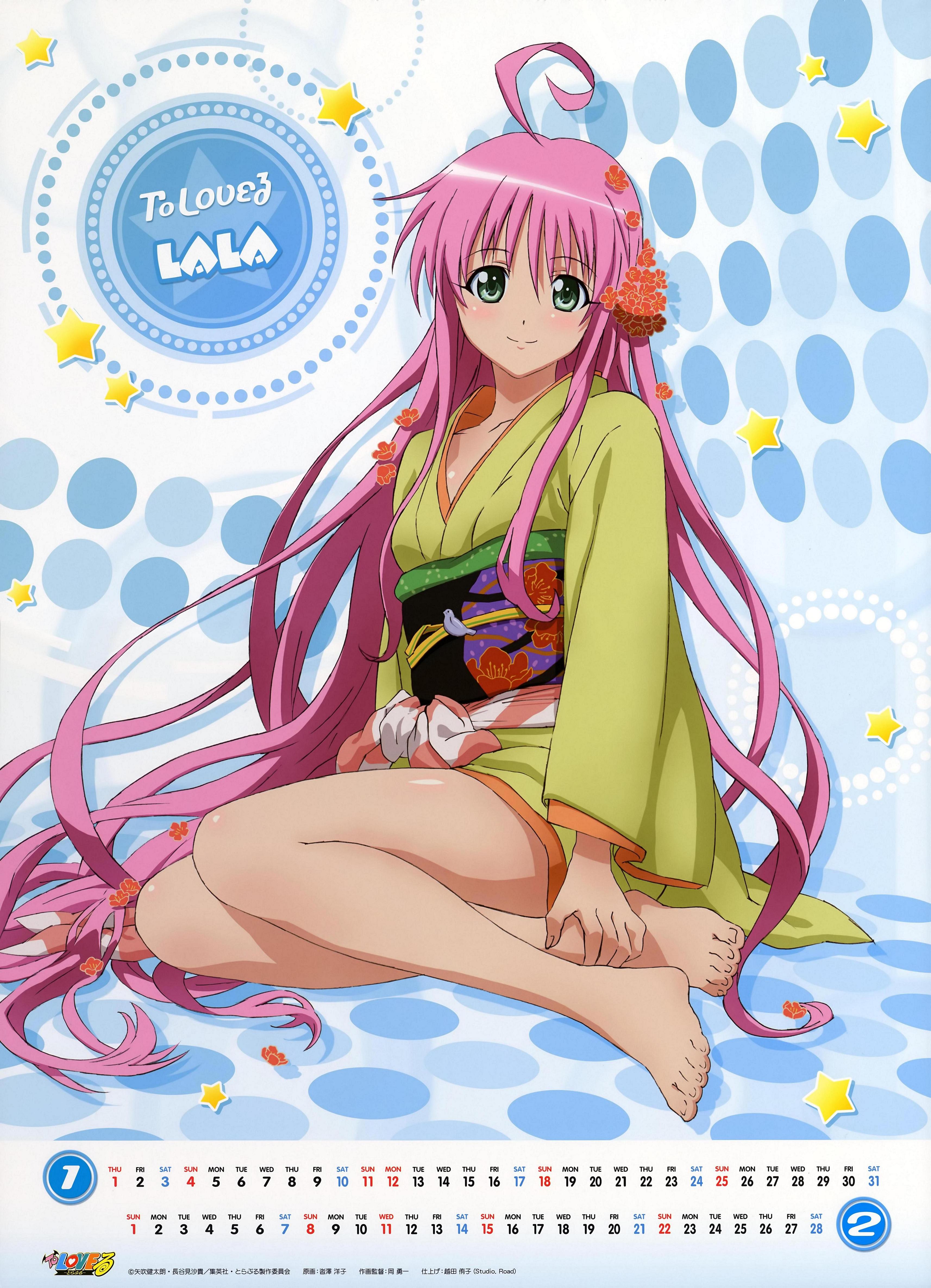 kutsuzawa youko, takami akio, lala satalin deviluke, to love-ru, absurdres, highres, 00s, 1girl, barefoot, blush, calendar, feet, female focus, green eyes, japanese clothes, long hair, pink hair, sitting, smile, solo, very long hair