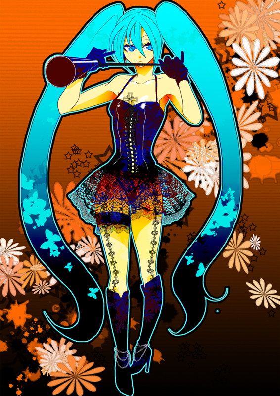 kondoru, hatsune miku, vocaloid, bad id, bad pixiv id, aqua hair, blue eyes, boots, corset, cross, dress, flower, garter straps, gloves, lace, long hair, megaphone, pantyhose, short dress, solo, twintails