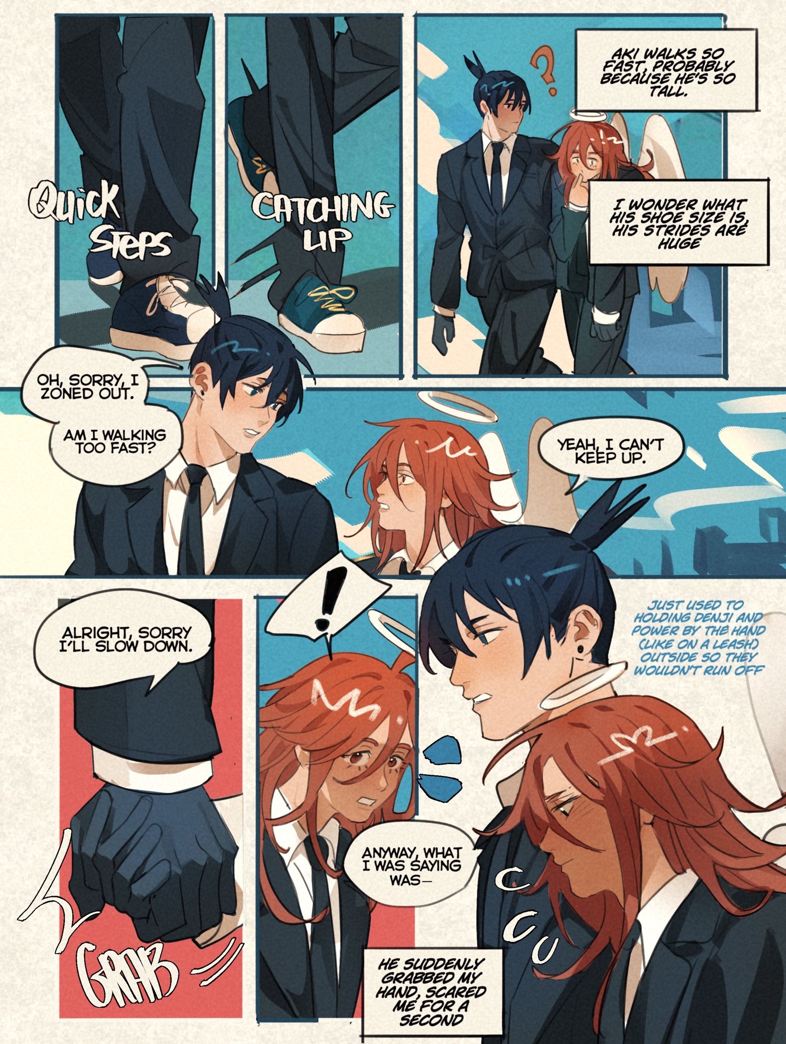 angrymiloras, angel devil (chainsaw man), hayakawa aki, chainsaw man, commentary, english commentary, highres, 2boys, ?, angel, angel wings, black gloves, black hair, black necktie, black pants, blue eyes, collared shirt, earrings, english text, formal clothes, gloves, halo, height difference, holding hands, implied yaoi, jacket, jewelry, long hair, looking at another, male focus, multiple boys, necktie, pants, shirt, short hair, speech bubble, suit, suit jacket, topknot, traditional halo, walking, white shirt, white wings, wings