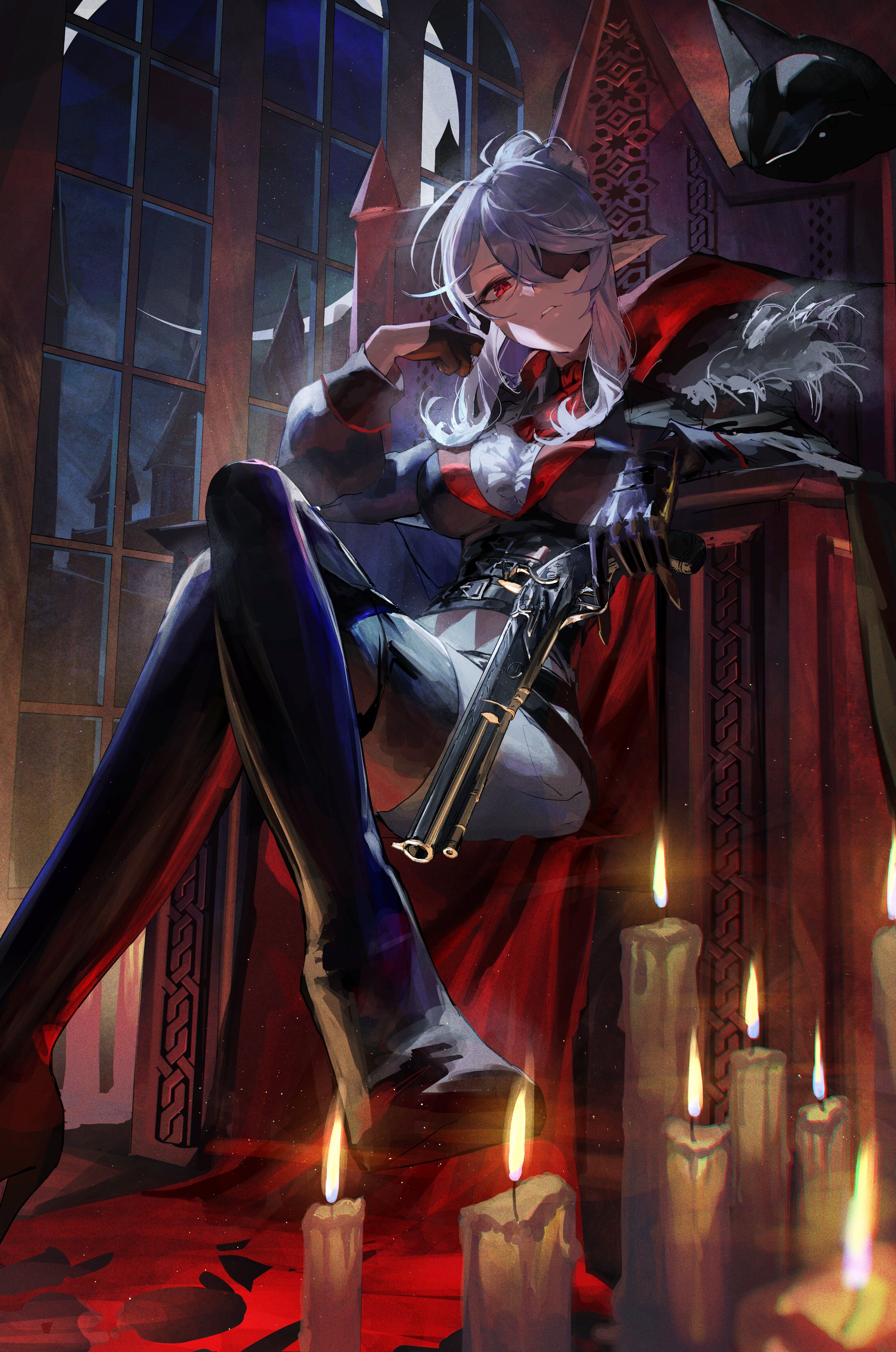meltyrice, general geega, general geega (inquisitor), indie virtual youtuber, absurdres, commentary, english commentary, highres, 1girl, antique firearm, ascot, black corset, black gauntlets, black gloves, boots, breasts, candle, chair, corset, crescent moon, crossed legs, eyepatch, fire, firearm, gloves, grey pants, gun, half gloves, hat, holding, holding gun, holding weapon, large breasts, looking at viewer, moon, night, night sky, pants, parted lips, pointy ears, red ascot, red eyes, sidelocks, sitting, sky, solo, thigh boots, tricorne, virtual youtuber, weapon, window