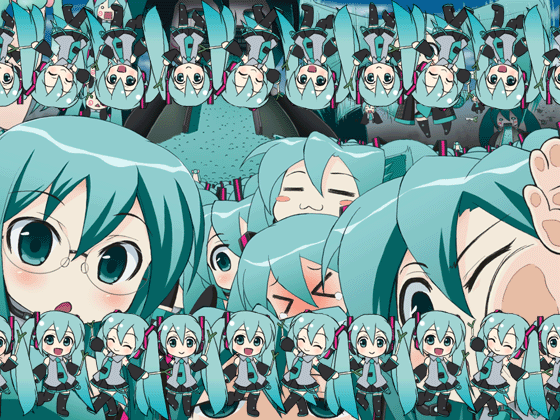 mameshiba (pixiv 59310), hachune miku, hatsune miku, vocaloid, animated, animated gif, > <, 6+girls, :3, :d, = =, against glass, aqua eyes, aqua hair, bespectacled, blush, blush stickers, cheek squash, chibi, clone, closed eyes, dancing, glasses, multiple girls, multiple persona, open mouth, parody, smile, spring onion, thighhighs, too many, twintails