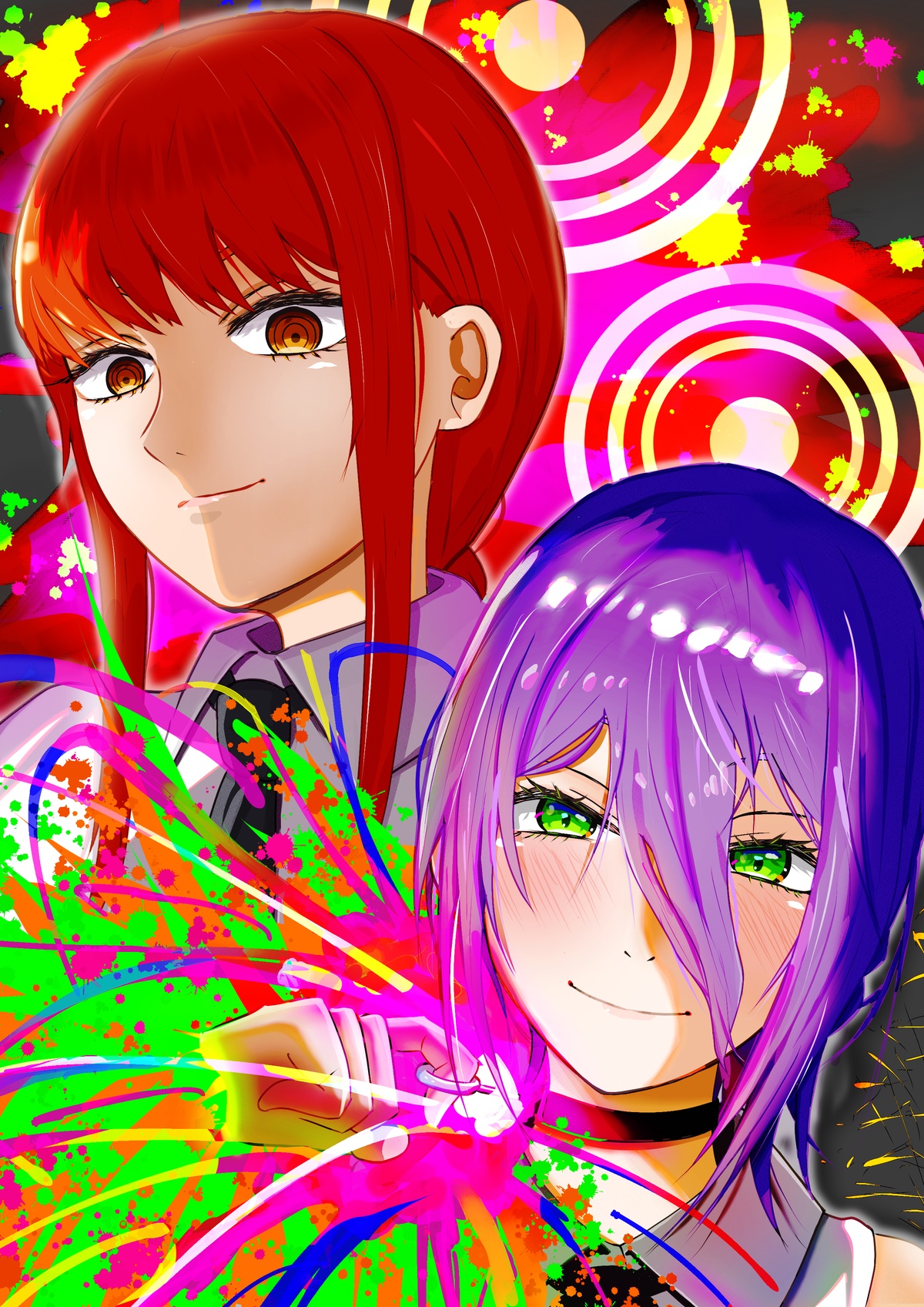 makima (chainsaw man), reze (chainsaw man), chainsaw man, highres, 2girls, black choker, black necktie, choker, closed mouth, collared shirt, green eyes, grenade pin, hair between eyes, looking at viewer, multiple girls, necktie, orange eyes, purple hair, red hair, ringed eyes, shirt, sidelocks, smile, taniaki, white shirt