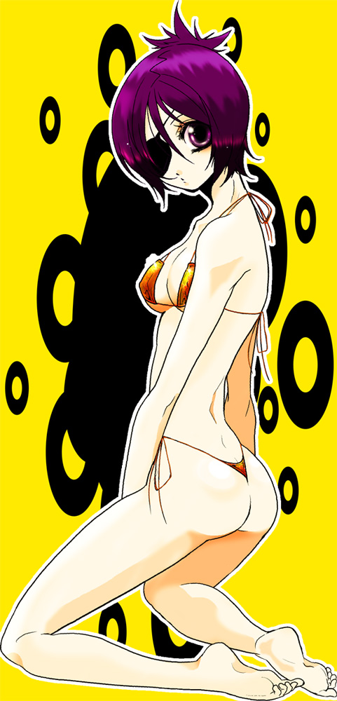 kondoru, chrome dokuro, katekyo hitman reborn!, bad id, bad pixiv id, 00s, 1girl, ass, barefoot, bikini, breasts, cleavage, eyepatch, feet, female focus, kneeling, looking at viewer, purple eyes, purple hair, short hair, side-tie bikini bottom, solo, swimsuit, thong bikini, yellow background