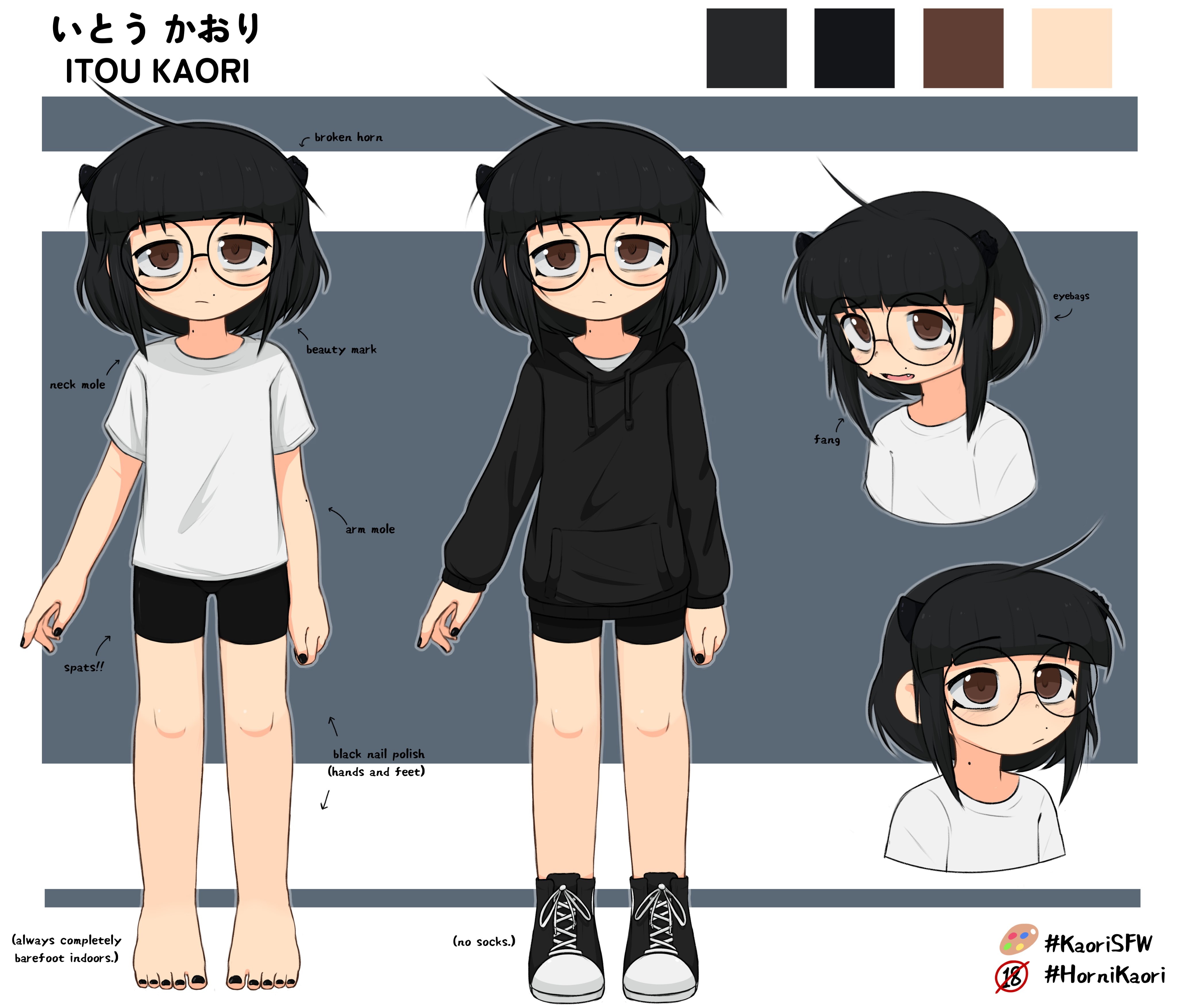 itou kaori (vtuber), indie virtual youtuber, absurdres, highres, 1girl, ahoge, artist self-insert, asymmetrical horns, barefoot, bike shorts, black hair, black horns, broken horn, brown eyes, glasses, horns, kaori (itoukaori), medium hair, mole, mole above mouth, reference sheet, round eyewear, uneven horns