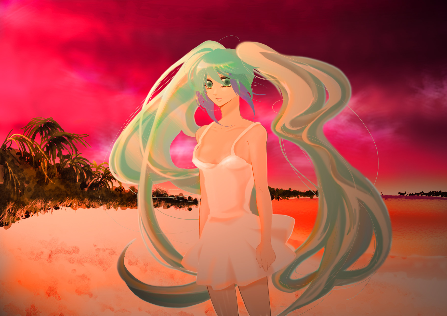 kondoru, hatsune miku, vocaloid, bad id, bad pixiv id, highres, beach, dress, green eyes, long hair, multicolored hair, short dress, solo, twintails, very long hair