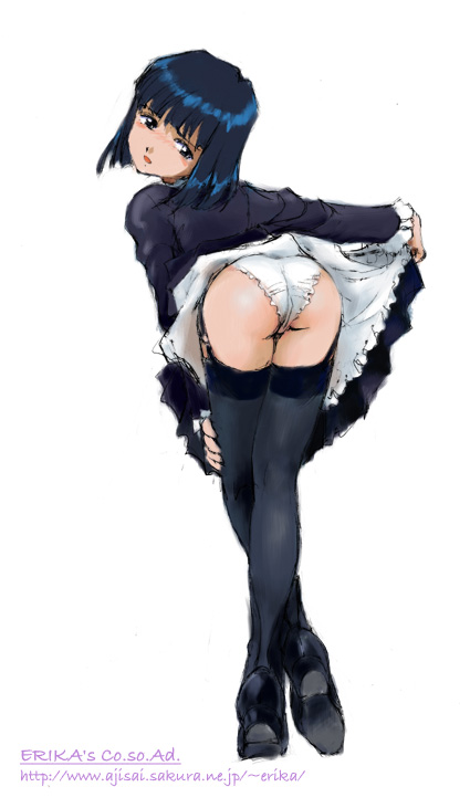 shibata masahiro, kitaooji hanabi, sakura taisen, sakura taisen iii, 00s, 1girl, ass, black hair, blue hair, blush, clothes lift, dress, dress lift, female focus, garter belt, looking back, panties, short hair, solo, thighhighs, underwear, white panties