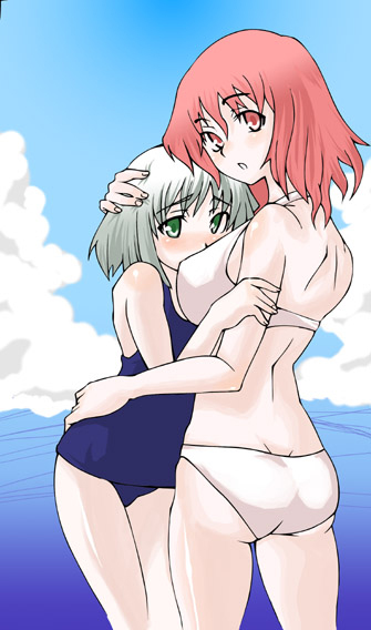 gengorou, konpaku youmu, saigyouji yuyuko, touhou, silver hair, 2girls, ass, bikini, blush, breasts, day, female focus, green eyes, hand on another's head, hug, huge breasts, large breasts, multiple girls, one-piece swimsuit, pink eyes, pink hair, school swimsuit, short hair, swimsuit