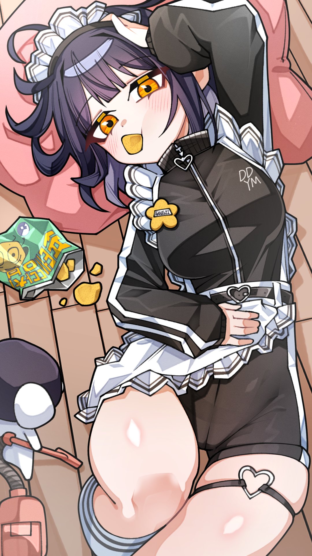 gangzi (vtuber), stellive, highres, 1girl, ahoge, apron, bag of chips, black hair, black shorts, black track suit, blunt bangs, blush, breasts, chips (food), crotch seam, feet out of frame, food, food in mouth, from above, hand on own head, hand on own stomach, heart belt buckle, high-waist shorts, kneehighs, long sleeves, looking at viewer, lying, maid apron, maid headdress, medium breasts, medium hair, name tag, on back, on floor, pillow, potato chips, sammi (33ammi), short shorts, shorts, skin tight, socks, thigh strap, track suit, vacuum cleaner, yellow eyes, zipper pull tab
