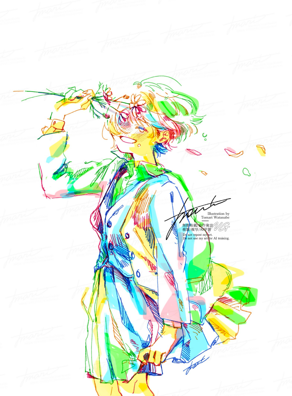 watanabe tomari, original, highres, procreate (medium), 1girl, artist name, colorful, cosmos (flower), cowboy shot, flower, holding, holding flower, jacket, long sleeves, looking at viewer, open clothes, open jacket, pleated skirt, short hair, signature, skirt, standing, tears, vest, watermark, white background