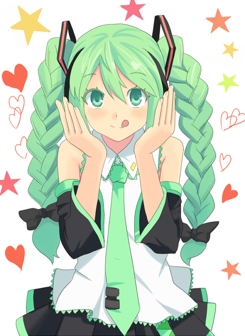 hyakuen raitaa, hatsune miku, vocaloid, bad id, bad pixiv id, 1girl, :q, alternate hairstyle, braid, detached sleeves, female focus, green eyes, green hair, heart, looking at viewer, matching hair/eyes, necktie, ribbon, skirt, solo, star (symbol), tongue, tongue out, twin braids