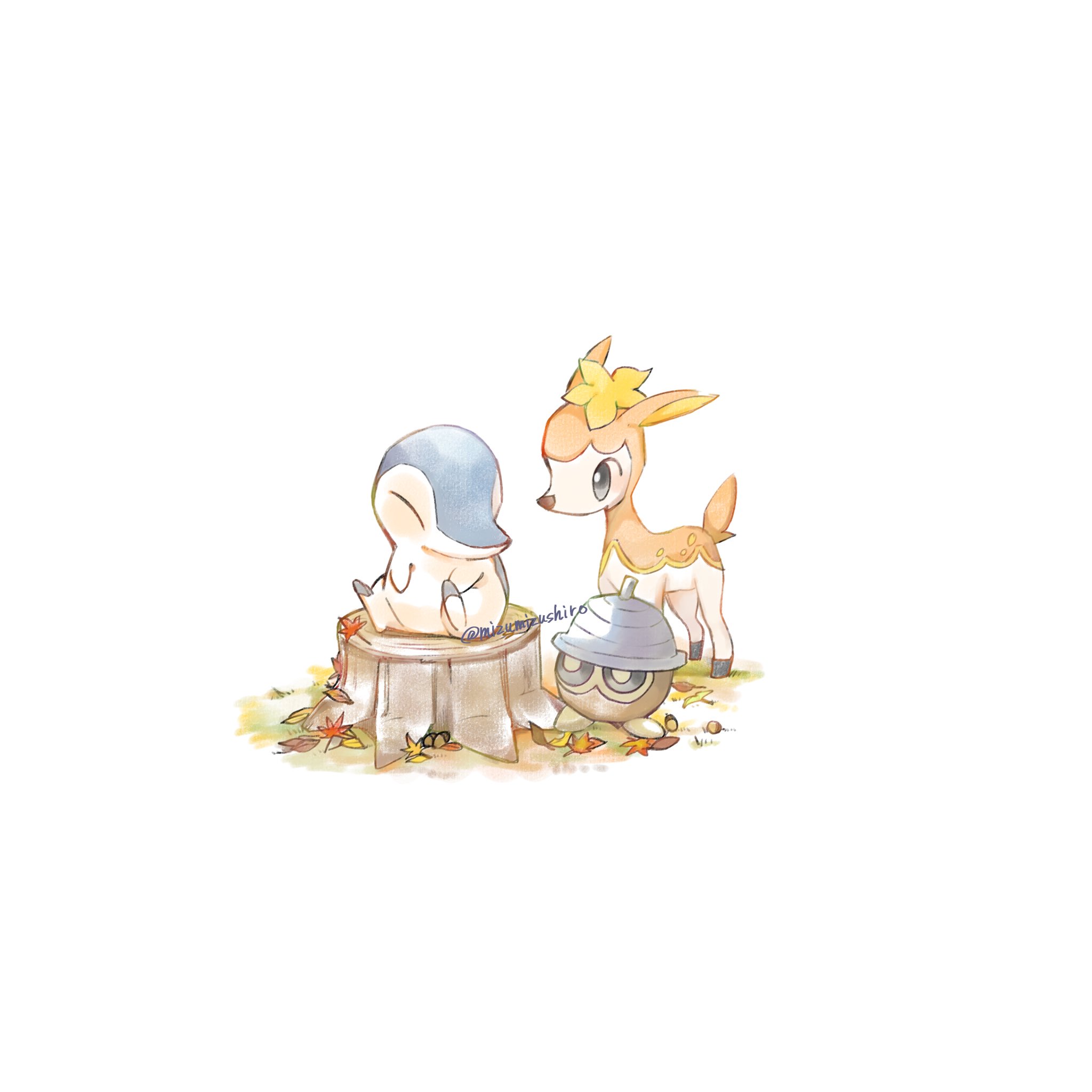 mizu shiro, cyndaquil, deerling, deerling (autumn), seedot, nintendo, pokemon, highres, animal focus, closed eyes, closed mouth, deer, flower, full body, gen 2 pokemon, gen 3 pokemon, gen 5 pokemon, leaf, no humans, outdoors, pokemon (creature), pokemon focus, sitting, tree, tree stump