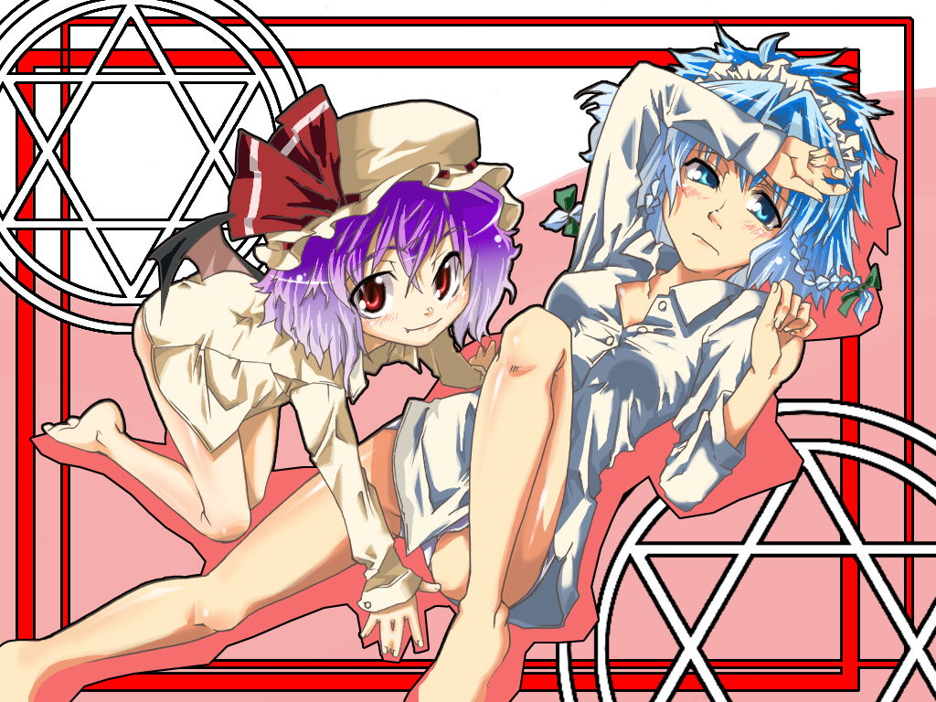 gengorou, izayoi sakuya, remilia scarlet, touhou, 2girls, all fours, barefoot, blue hair, blush, braid, dress shirt, fang, female focus, hat, lying, maid headdress, mob cap, multiple girls, panties, purple hair, red eyes, shirt, short hair, smile, underwear, wings