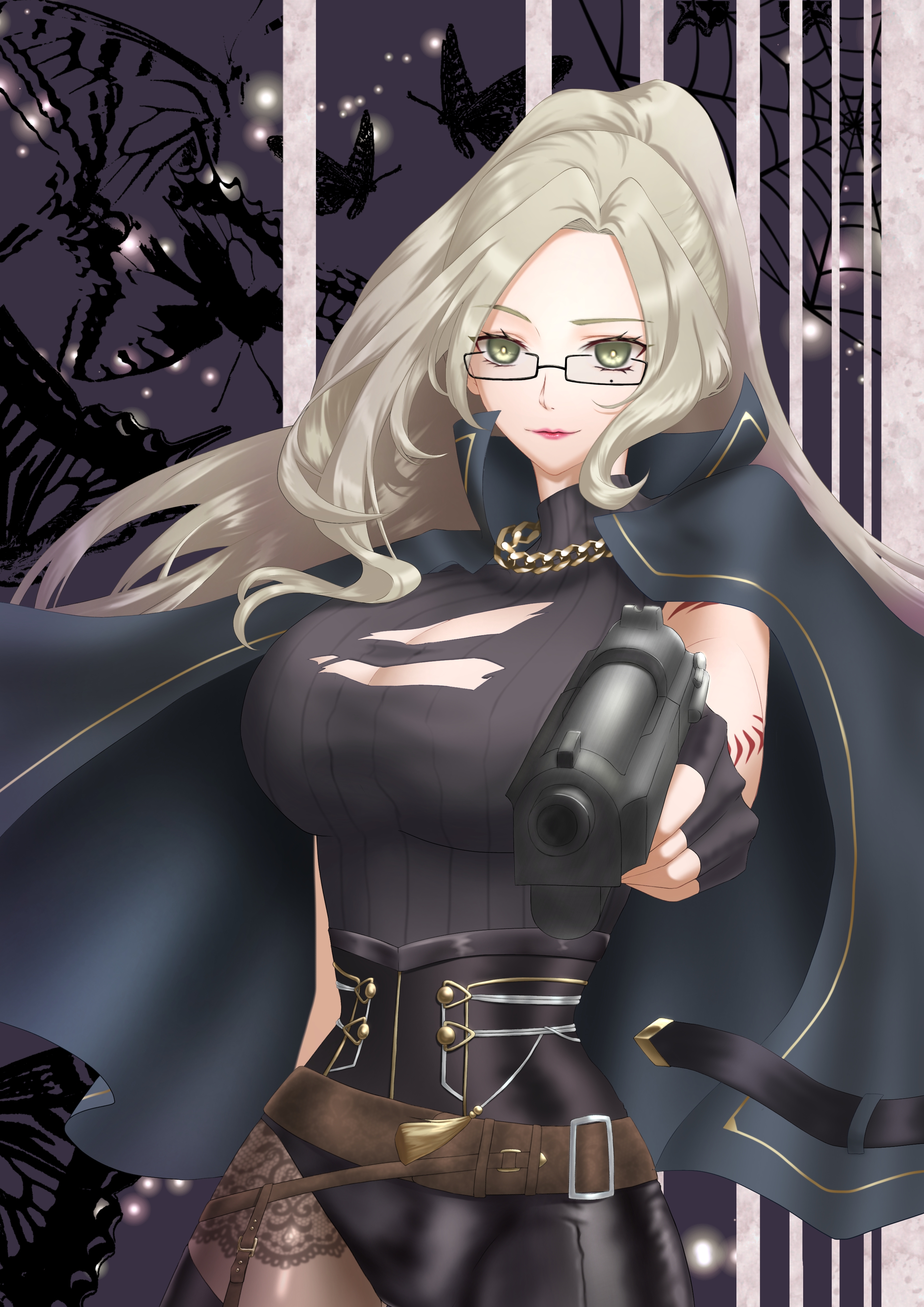 nikki (series), shining nikki, absurdres, highres, 1girl, aiming, aiming at viewer, arm tattoo, belt, belt buckle, beretta 92, black-framed eyewear, black boots, black cape, black gloves, black pants, black pantyhose, black shirt, boots, breasts, bright pupils, brown belt, buckle, cape, cleavage, closed mouth, collared cape, cowboy shot, eyelashes, fingerless gloves, fireflies, floating hair, glasses, gloves, green eyes, grey hair, gun, handgun, high-waist skirt, high collar, high ponytail, holding, holding gun, holding weapon, indoors, large breasts, leather, leather pants, light smile, lipstick, long hair, looking at viewer, makeup, mole, mole under eye, night, night sky, pants, pantyhose, pink lips, ponytail, rika (ri08sz), scar, scar on arm, shirt, sidelocks, skirt, sky, solo, tattoo, thigh boots, tight clothes, tight pants, torn clothes, torn shirt, tsurime, very long hair, weapon, white pupils, wind, window, zoey (shining nikki)