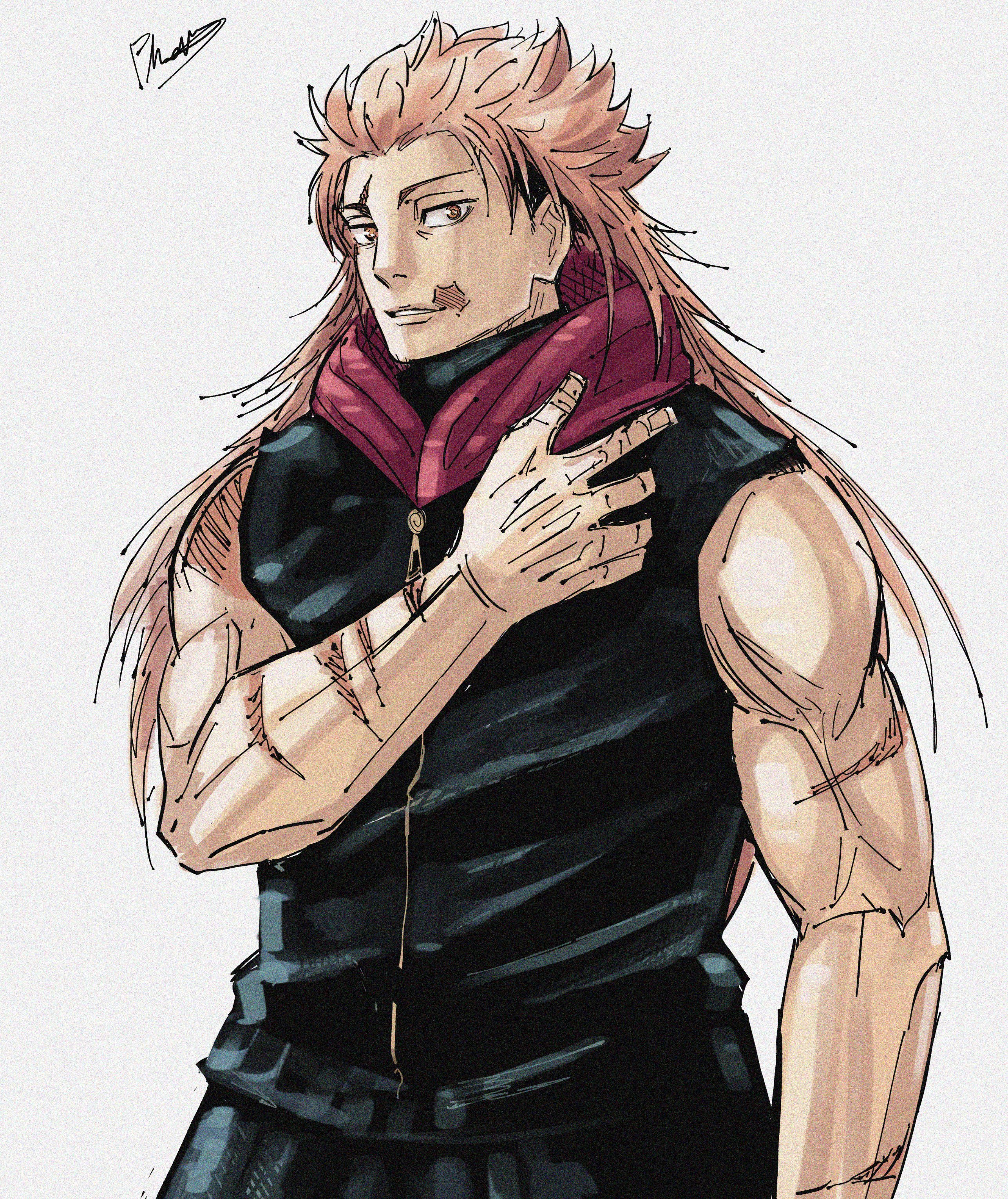 azurerosestudio, itadori yuuji, jujutsu kaisen, absurdres, highres, 1boy, aged up, cowboy shot, facial scar, long hair, male focus, muscular, muscular male, parted lips, pink hair, scar, scar on arm, scar on cheek, scar on face, shirt, signature, simple background, sleeveless, sleeveless shirt, solo, white background