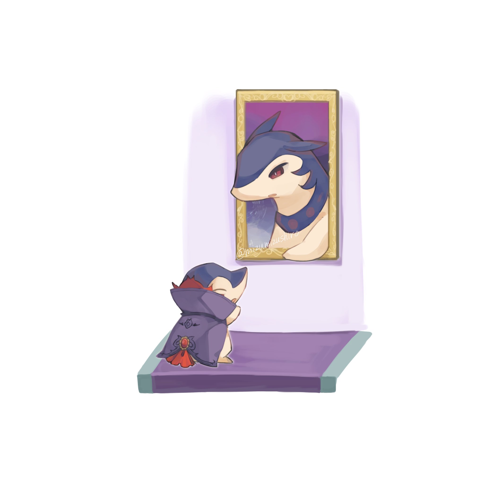 mizu shiro, cyndaquil, hisuian typhlosion, nintendo, pokemon, highres, cape, closed eyes, gen 2 pokemon, looking at another, mirror, no humans, open mouth, pokemon (creature), pokemon focus, purple cape, red eyes