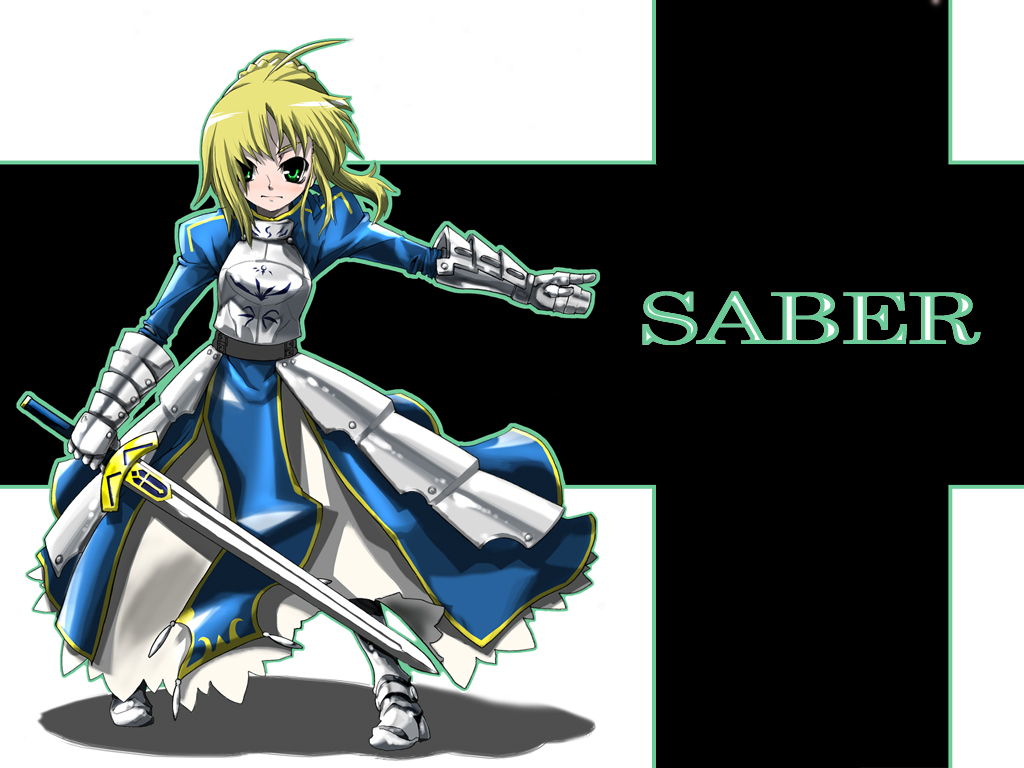 gengorou, artoria pendragon (fate), saber (fate), fate/stay night, fate (series), 00s, armor, blonde hair, green eyes, solo, sword, weapon