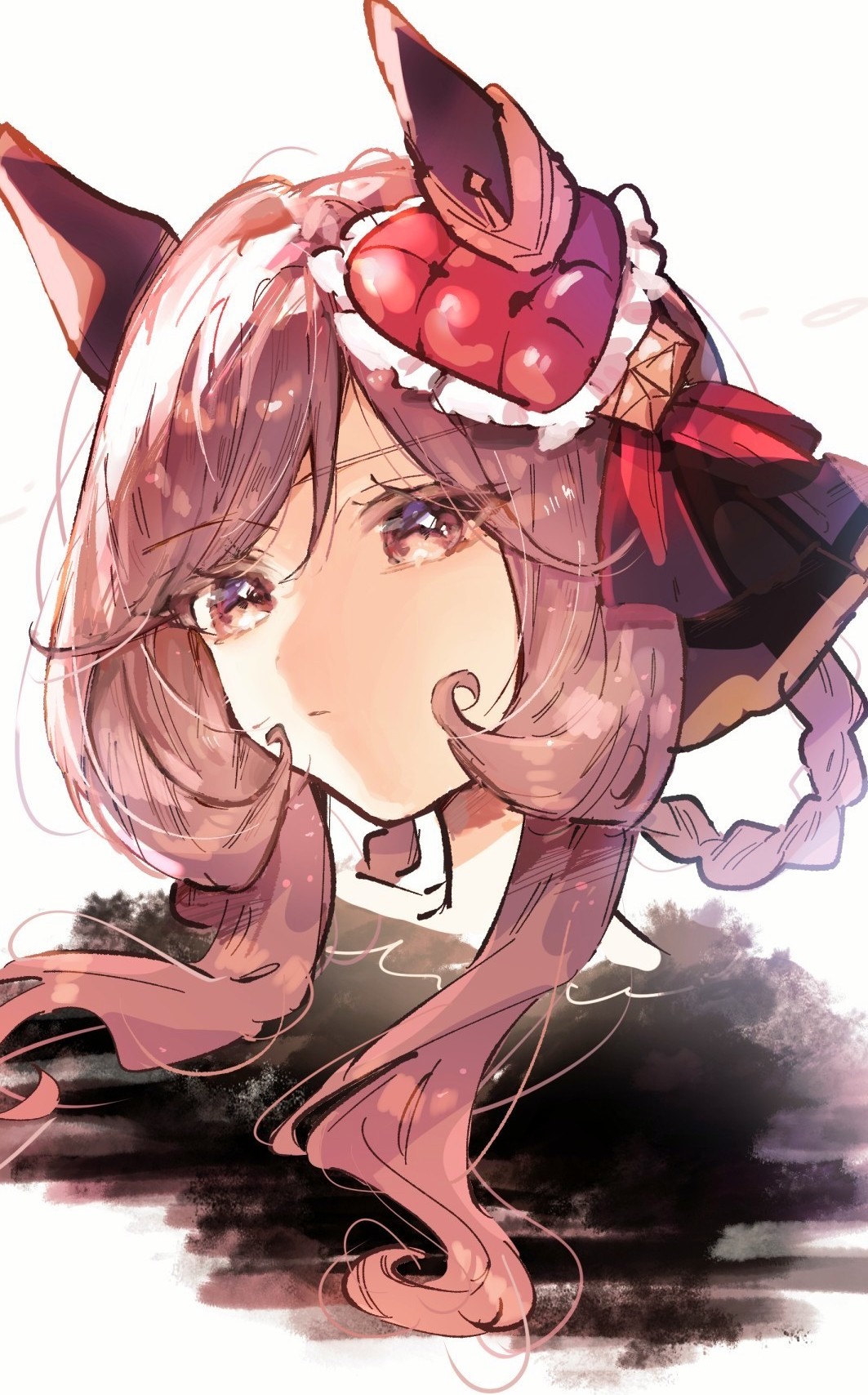 ueruko, gentildonna (umamusume), umamusume, highres, 1girl, animal ears, braid, braided hair rings, brown hair, closed mouth, ear covers, ear ornament, hair between eyes, hair ornament, hair rings, heart-shaped ornament, heart ear ornament, horse ears, horse girl, long hair, looking at viewer, portrait, red eyes, simple background, solo