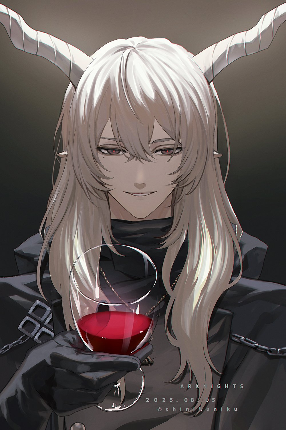 chinikuniku, confessarius (arknights), arknights, commentary request, highres, 1boy, alcohol, artist name, black background, black gloves, black jacket, black sweater, brown background, chain, copyright name, cup, dated, drinking glass, gloves, gradient background, grey eyes, hair between eyes, half-closed eyes, hand up, holding, holding cup, horns, jacket, jewelry, lapels, long hair, looking at viewer, male focus, mole, mole under eye, necklace, open clothes, open jacket, pointy ears, red pupils, sidelocks, simple background, smile, solo, sweater, teeth, turtleneck, turtleneck sweater, upper body, white hair, wine, wine glass