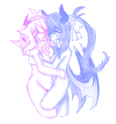 q-chan (yunyun denpa syndrome), yunyun denpa syndrome, lowres, 2girls, blush, breasts, completely nude, demon girl, demon horns, demon wings, fake horns, hair ornament, hair ribbon, headphones, headset, horns, hug, large breasts, long hair, looking at viewer, lynchboxu, medium breasts, monochrome, multiple girls, nude, open mouth, pixel art, pubic hair, ribbon, sharp teeth, short hair, simple background, teeth, white background, wings, yunyun (yunyun denpa syndrome), yuri