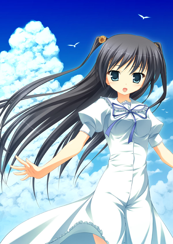 yuku (kiollion), kousaka chihaya, natsuzora kanata, visual art's, bird, black hair, blue eyes, cloud, day, dress, eye contact, long hair, looking at another, narrow waist, ribbon, solo, twintails, wind