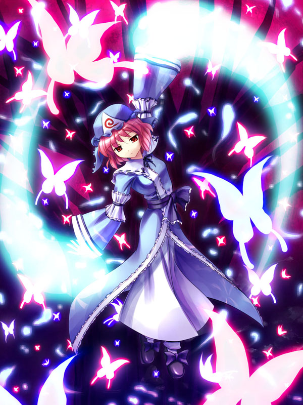 yuku (kiollion), saigyouji yuyuko, team shanghai alice, touhou, 1girl, bug, butterfly, dancing, expressionless, female focus, floating, glowing, hat, japanese clothes, kimono, magic, outstretched arms, pink hair, red eyes, short hair, solo, spread arms