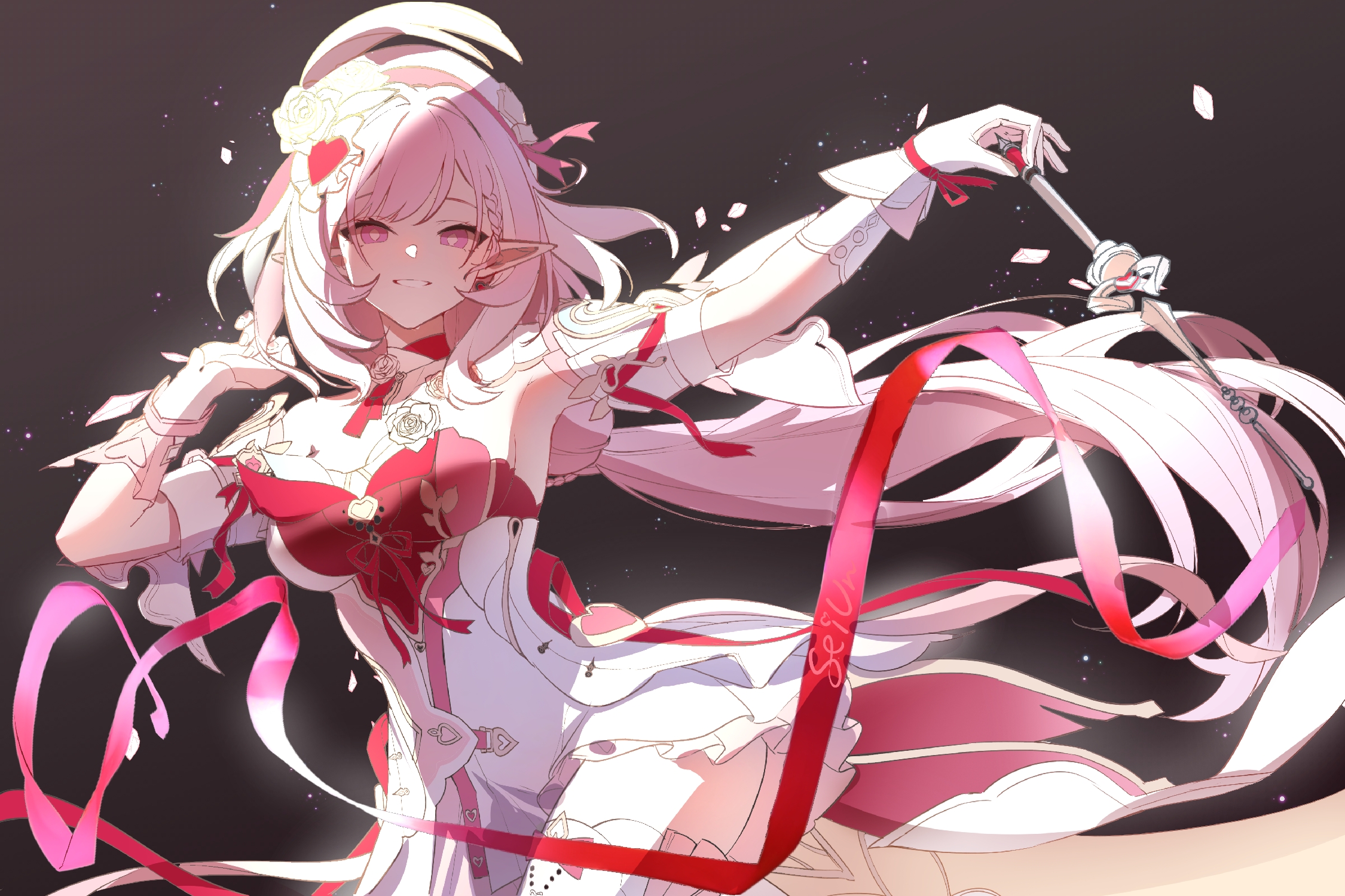 jingxinzhiyun, elysia (hi love elf) (honkai impact), elysia (honkai impact), honkai (series), honkai impact 3rd, chinese commentary, commentary request, highres, 1girl, beret, breasts, diamond-shaped pupils, diamond (shape), dress, elf, gloves, grey background, hat, holding, holding wand, large breasts, long hair, looking at viewer, pink hair, pointy ears, purple eyes, red dress, red ribbon, ribbon, single glove, smile, solo, symbol-shaped pupils, thighs, two-tone dress, very long hair, wand, white dress, white gloves