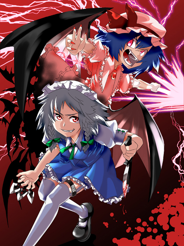 gengorou, izayoi sakuya, remilia scarlet, touhou, 2girls, between fingers, blue hair, braid, fang, fangs, female focus, garter belt, grey hair, holding, knife, kunai, maid, multiple girls, red eyes, short hair, thighhighs, throwing knife, twin braids, weapon, white thighhighs, wings