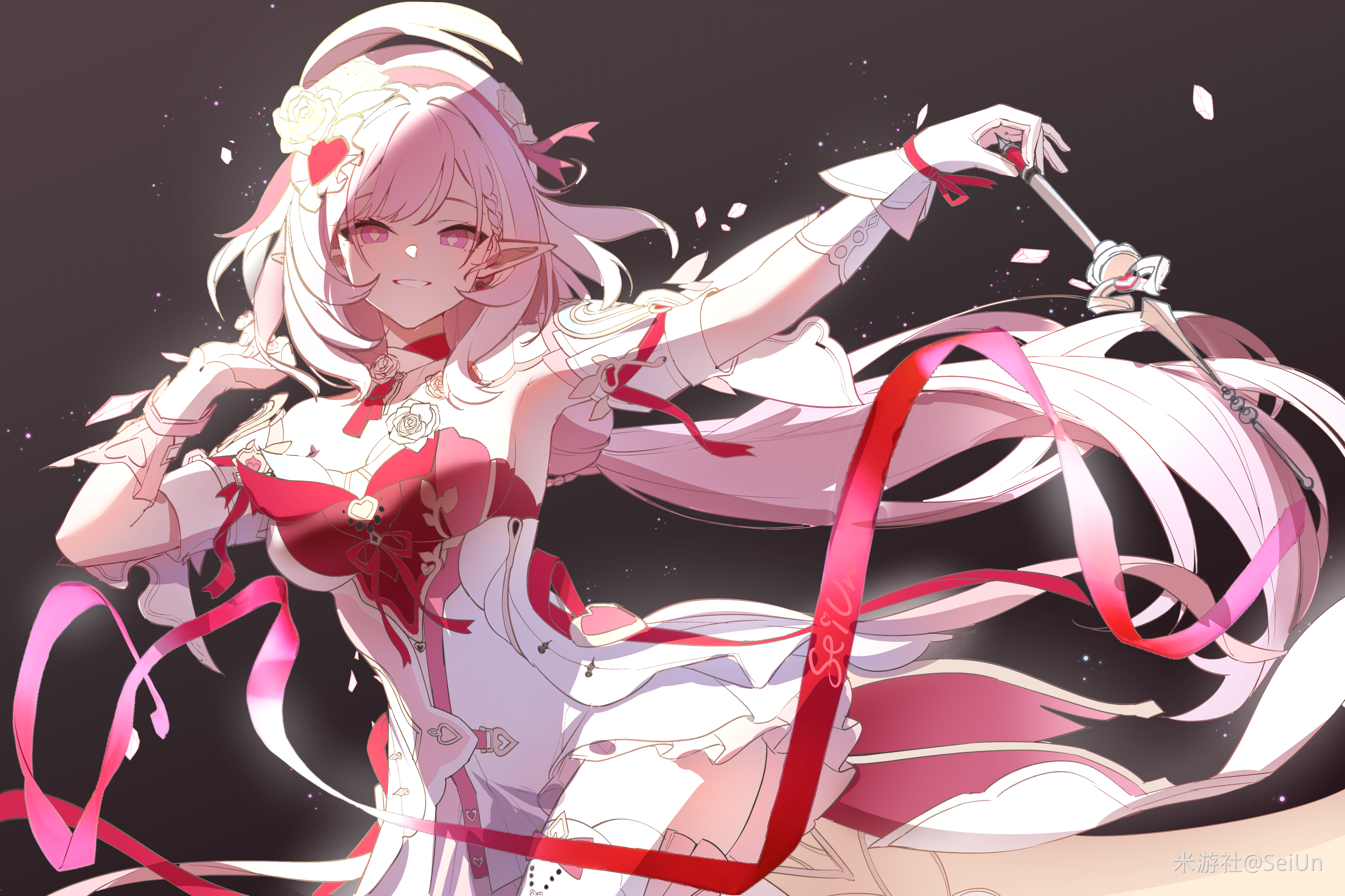 jingxinzhiyun, elysia (hi love elf) (honkai impact), elysia (honkai impact), honkai (series), honkai impact 3rd, absurdres, chinese commentary, commentary request, highres, 1girl, beret, breasts, diamond-shaped pupils, diamond (shape), dress, elf, gloves, grey background, hat, holding, holding wand, large breasts, long hair, looking at viewer, miyoushe watermark, pink hair, pointy ears, purple eyes, red dress, red ribbon, ribbon, single glove, smile, solo, symbol-shaped pupils, thighs, two-tone dress, very long hair, wand, watermark, white dress, white gloves
