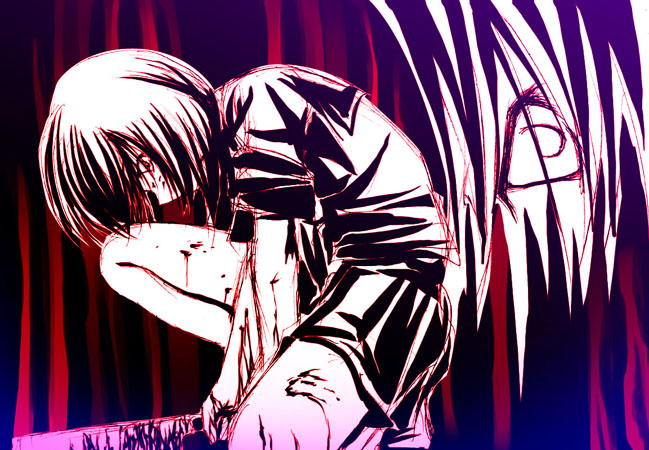 yuku (kiollion), ryuuguu rena, 07th expansion, higurashi no naku koro ni, no naku koro ni (series), silver hair, 00s, 1girl, blood, female focus, from side, holding, holding sword, holding weapon, kneeling, knife, monochrome, on one knee, profile, red background, school uniform, serafuku, short hair, simple background, solo, sword, weapon