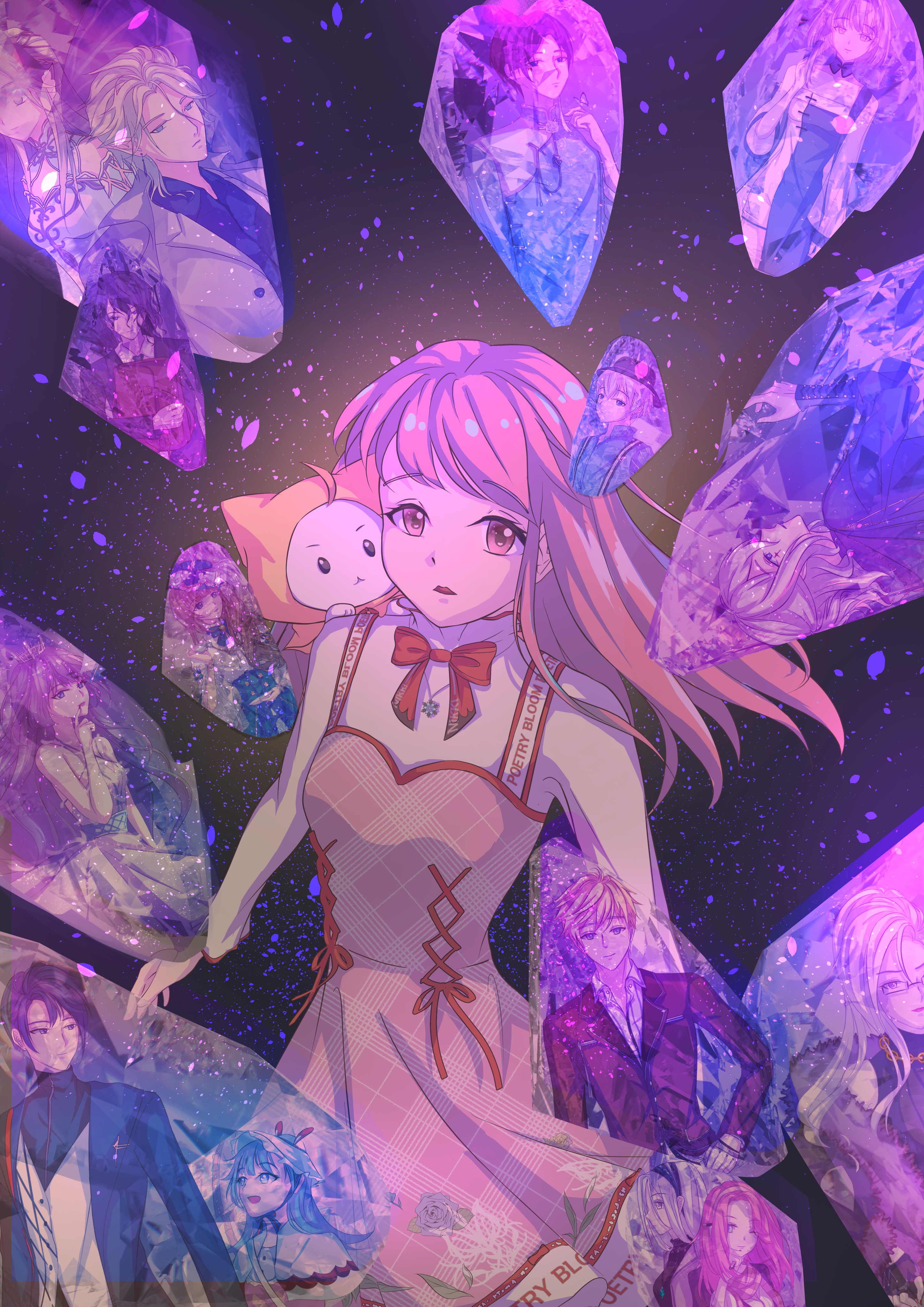 bloom poetry (shining nikki), lilith (shining nikki), momo (nikki), nikki (nikki), ophelia (shining nikki), nikki (series), shining nikki, absurdres, chinese commentary, commentary request, highres, 1girl, :<, aeon (shining nikki), ahoge, animal, animal on shoulder, black background, black eyes, blunt bangs, bow, bowtie, brown eyes, cat, cloak, closed mouth, clothed animal, clothes writing, cowboy shot, cross-laced clothes, cross-laced dress, different reflection, dot nose, dress, dress ribbon, ear covers, eyelashes, floating clothes, floating hair, glass shards, helz (shining nikki), hood, hood up, hooded cloak, jiang beixi, leonid (shining nikki), light particles, loen (shining nikki), lolory (shining nikki), long hair, long sleeves, looking ahead, marina (shining nikki), mercury (shining nikki), open mouth, pinafore dress, pink dress, pink hair, pink theme, plaid clothes, plaid dress, qin yi, red bow, red bowtie, red ribbon, reflection, ribbon, sabinapaint, shirt, sleeveless, sleeveless dress, sleeves past wrists, snowflake necklace, solid oval eyes, turtleneck, turtleneck shirt, vivian (shining nikki), vulture (shining nikki), white cat, white shirt, wind, yellow cloak, yexiao (shining nikki), zoey (shining nikki)