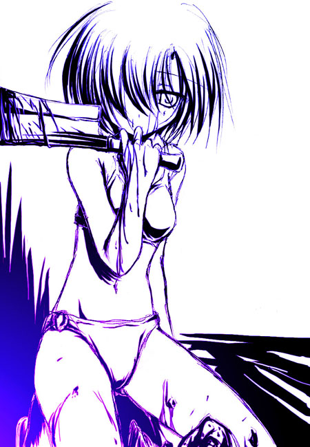 yuku (kiollion), ryuuguu rena, 07th expansion, higurashi no naku koro ni, no naku koro ni (series), 00s, 1girl, billhook, bra, collarbone, female focus, hatchet, holding, looking at viewer, monochrome, nata (tool), navel, panties, short hair, simple background, sitting, solo, stomach, underwear, underwear only, weapon, white background