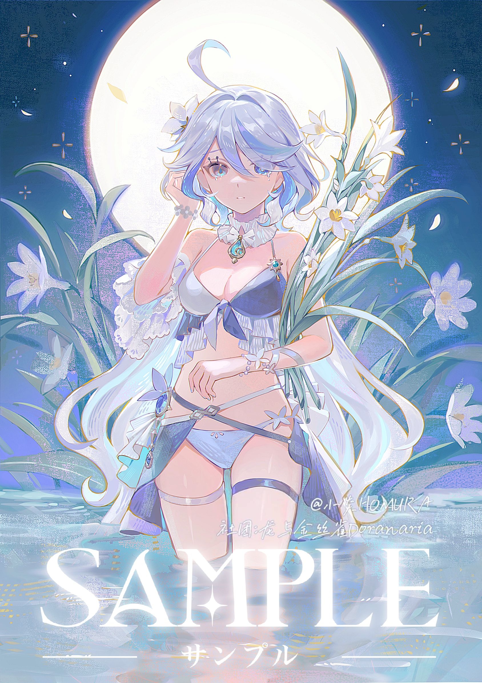 homura2414, furina (genshin impact), genshin impact, chinese commentary, commentary request, highres, mixed-language commentary, partial commentary, 1girl, ahoge, bare shoulders, bikini, blue bikini, blue eyes, blue hair, blue nails, bracelet, breasts, brooch, cleavage, detached collar, detached sleeves, drop-shaped pupils, falling petals, flower, frilled sleeves, frills, full moon, greek commentary, hair between eyes, hair flower, hair intakes, hair ornament, hand in own hair, hand up, heterochromia, holding, holding flower, jewelry, long hair, looking at viewer, mismatched pupils, moon, multicolored bikini, multicolored hair, nail polish, navel, night, outdoors, parted lips, petals, purple sarong, reflection, reflective water, sample watermark, sarong, short sleeves, single detached sleeve, solo, standing, streaked hair, swimsuit, symbol-shaped pupils, tearing up, thigh strap, thighhighs, two-tone bikini, wading, water, watermark, white bikini, white flower, white hair