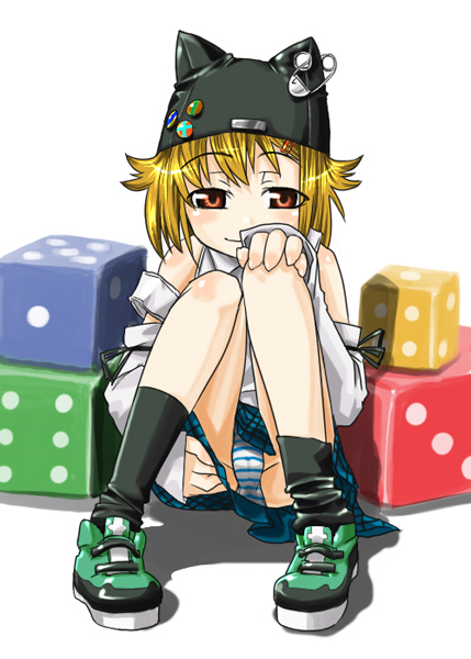 gengorou, animal ears, blonde hair, blush, brown eyes, dice, hair ornament, hairclip, hat, loli, naughty face, panties, pantyshot, short hair, skirt, socks, solo, striped clothes, striped panties, underwear