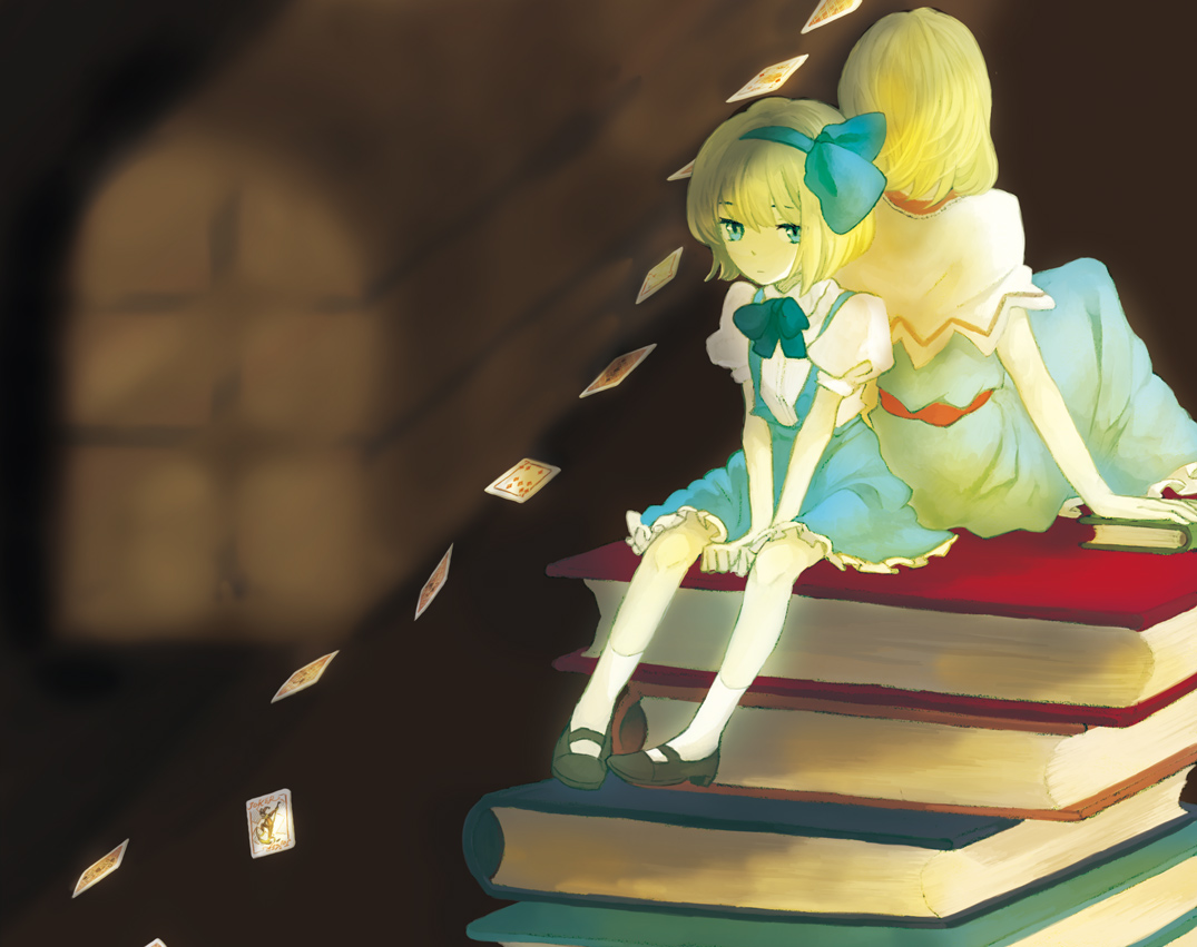 sugi, alice margatroid, alice margatroid (pc-98), mystic square, touhou, touhou (pc-98), bad id, bad pixiv id, 2girls, blonde hair, card, female focus, floating card, multiple girls, short hair, time paradox