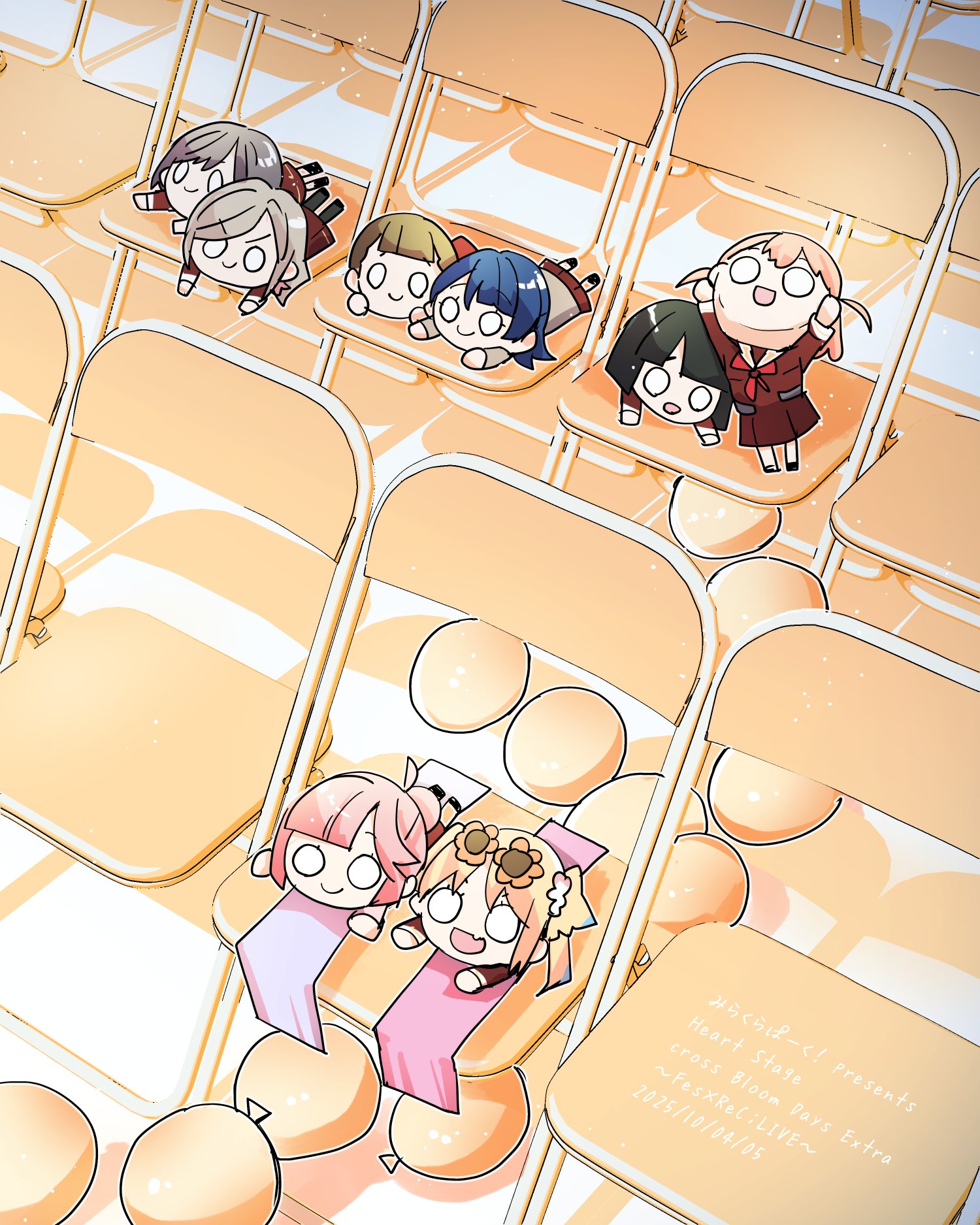kanduki kamibukuro, anyoji hime, ceras yanagida lilienfeld, hinoshita kaho, kachimachi kosuzu, katsuragi izumi, momose ginko, murano sayaka, osawa rurino, link! like! love live!, love live!, commentary request, highres, translation request, 5th live tour ~4pair power spread!!!!~, 6+girls, :d, ahoge, balloon, black hair, blonde hair, blue hair, brown dress, brown hair, chair, character doll, dated, doll, dollchestra, dress, edel note, eyewear on head, folding chair, grey hair, hasu no sora school uniform, long sleeves, multi-tied hair, multiple girls, neckerchief, nesoberi, open mouth, orange hair, pink hair, red neckerchief, sailor collar, sailor dress, school uniform, smile, sunglasses, twintails, two side up, virtual youtuber, white sailor collar, winter uniform