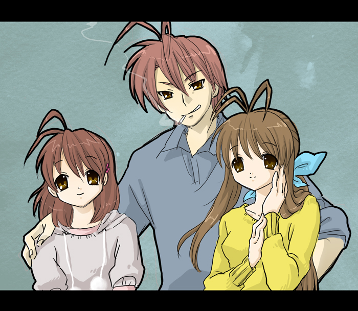 mayuka, furukawa akio, furukawa nagisa, furukawa sanae, clannad, 00s, antenna hair, brown eyes, brown hair, cigarette, family, father and daughter, long hair, mother and daughter, short hair