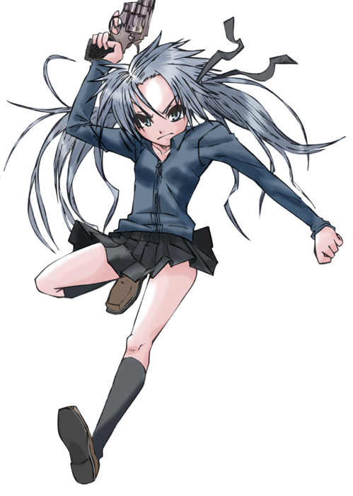 gengorou, original, silver hair, 1girl, angry, female focus, green eyes, gun, handgun, long hair, revolver, skirt, socks, solo, trigger discipline, twintails, weapon