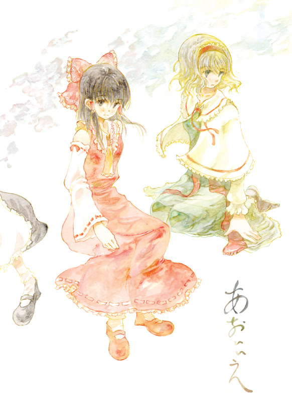 fujita yuuya, alice margatroid, hakurei reimu, kirisame marisa, touhou, bad id, bad pixiv id, painting (medium), traditional media, watercolor (medium), 3girls, female focus, multiple girls, white background