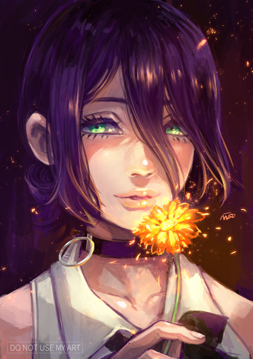 miso-234, reze (chainsaw man), chainsaw man, 1girl, choker, cinders, collared shirt, flower, green eyes, grenade pin, hair between eyes, holding, holding flower, purple choker, purple hair, shirt, sleeveless, sleeveless shirt, solo, white shirt, yellow flower
