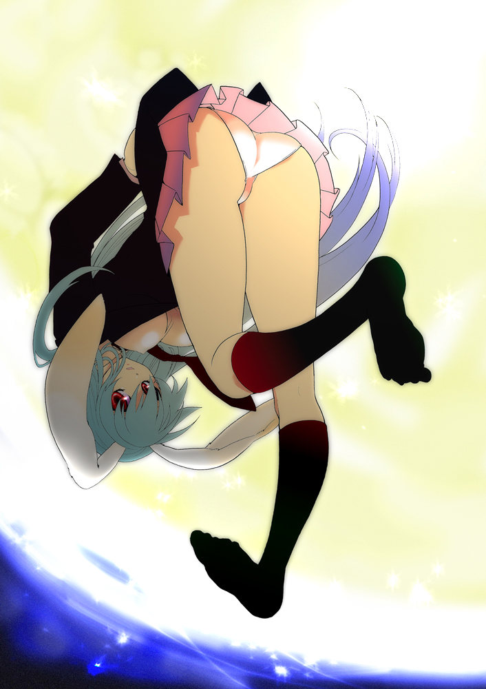 kondoru, reisen udongein inaba, touhou, 1girl, animal ears, ass, bent over, blazer, breasts, female focus, jacket, legs, medium breasts, moon, multicolored hair, necktie, outdoors, panties, pantyshot, rabbit ears, red eyes, skirt, sky, socks, solo, underwear